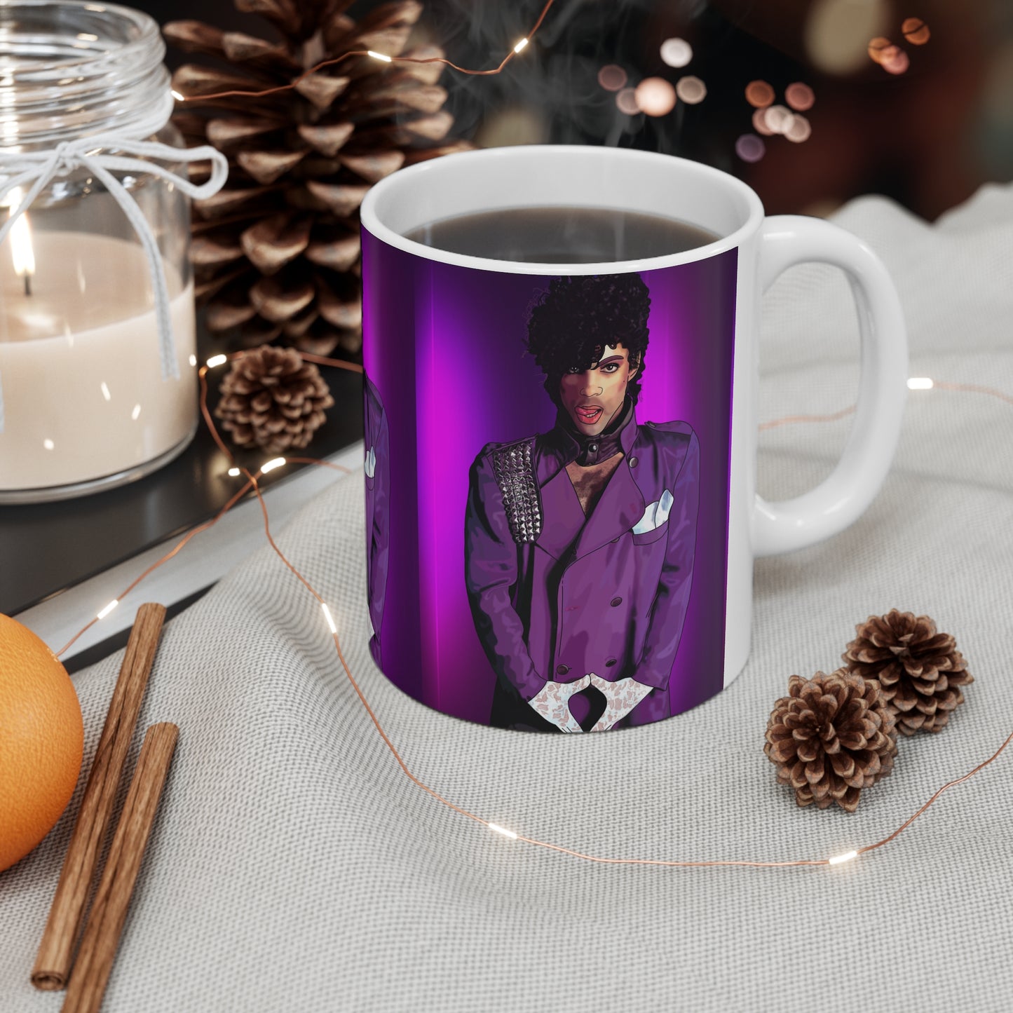 Purple Icon Prince Portrait Mug — Retro Glam Rock Ceramic Coffee Cup