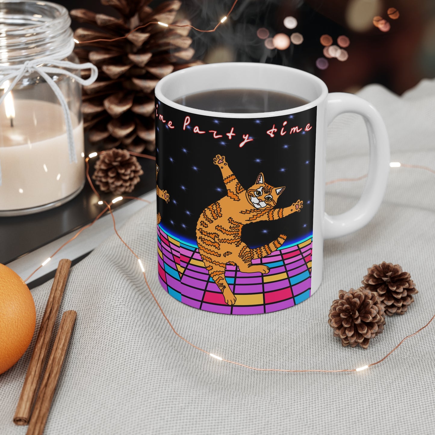 Dancing Cat Coffee Mug — Retro Disco 'Party Time' Ceramic Cup