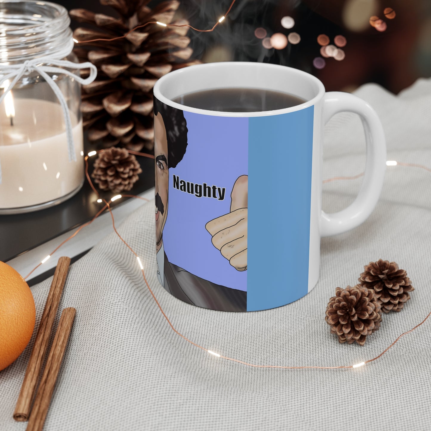 Borat Ceramic Mug — 'Naughty Naughty' Thumbs-Up Graphic Coffee Cup