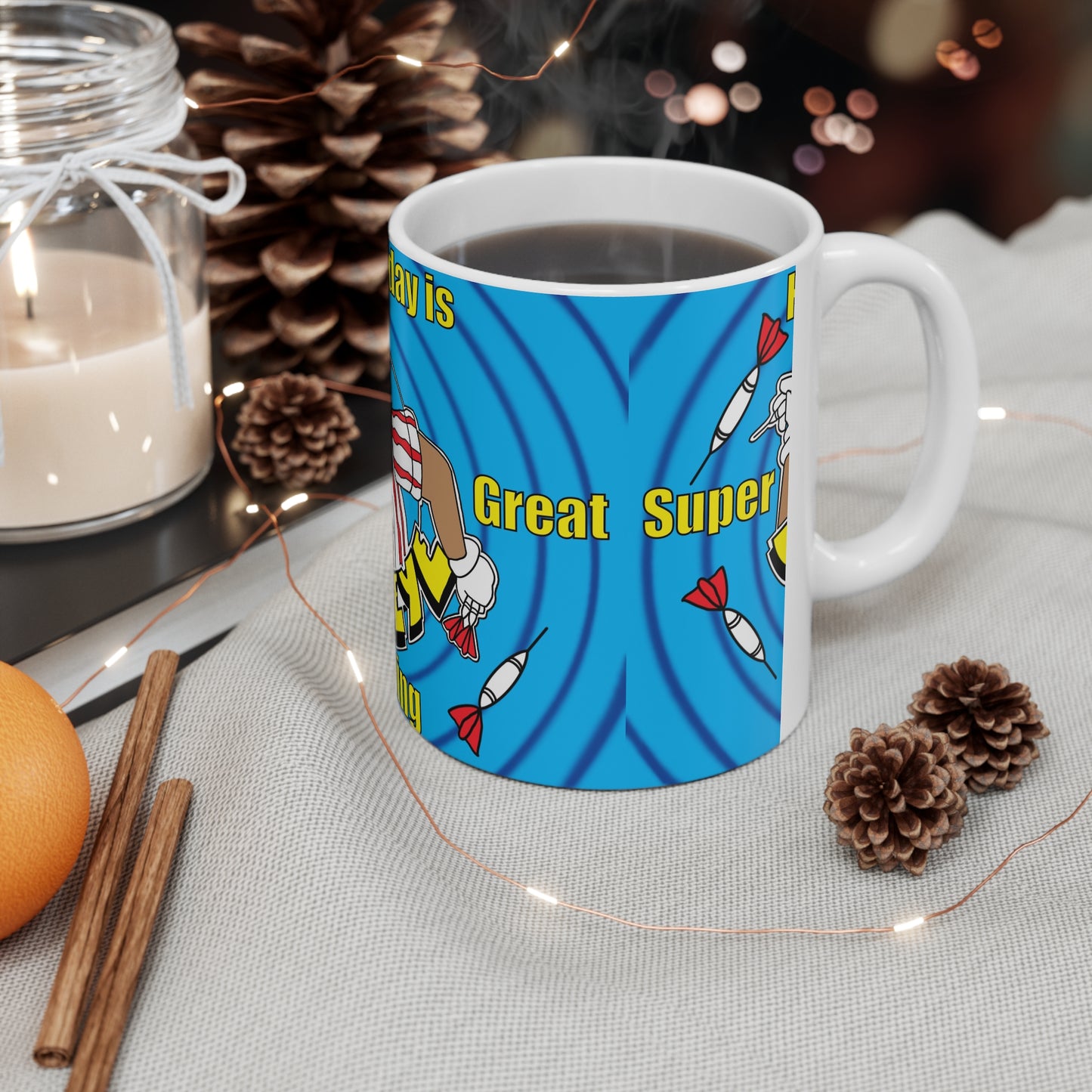 Bullseye Darts Coffee Mug — 'Smashing Bullseye' Retro Cartoon 11oz/15oz Ceramic Mug