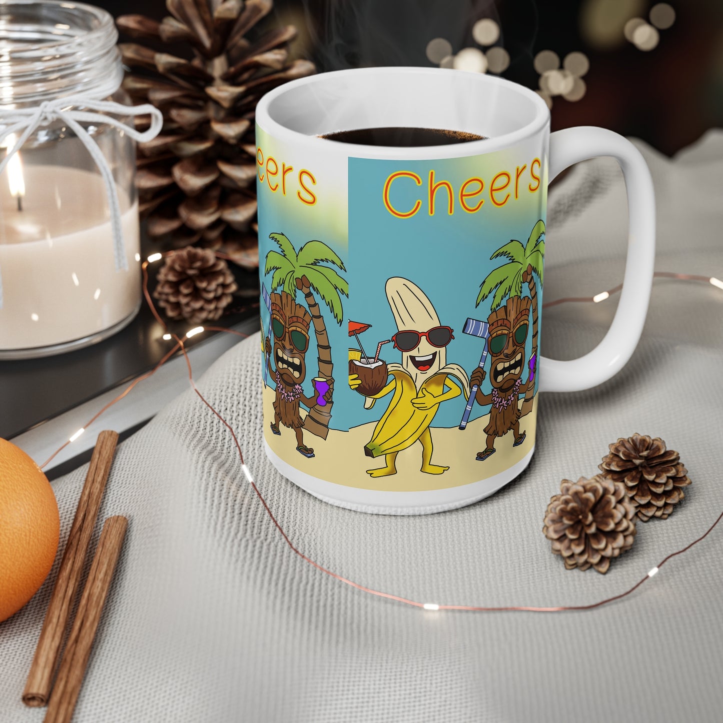 Cheers Beach Party Mug — Tropical Tiki Banana Coffee Cup (11oz & 15oz)