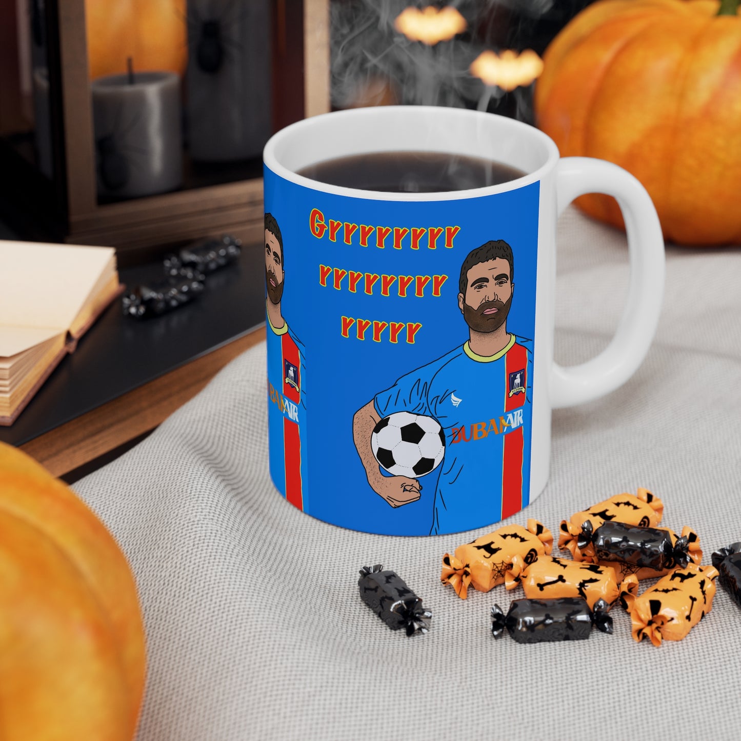 Ted Lasso Soccer Fan Mug — IllustratedRoy Kent with Ball, 'Grrrrrrrr' Graphic Coffee Cup