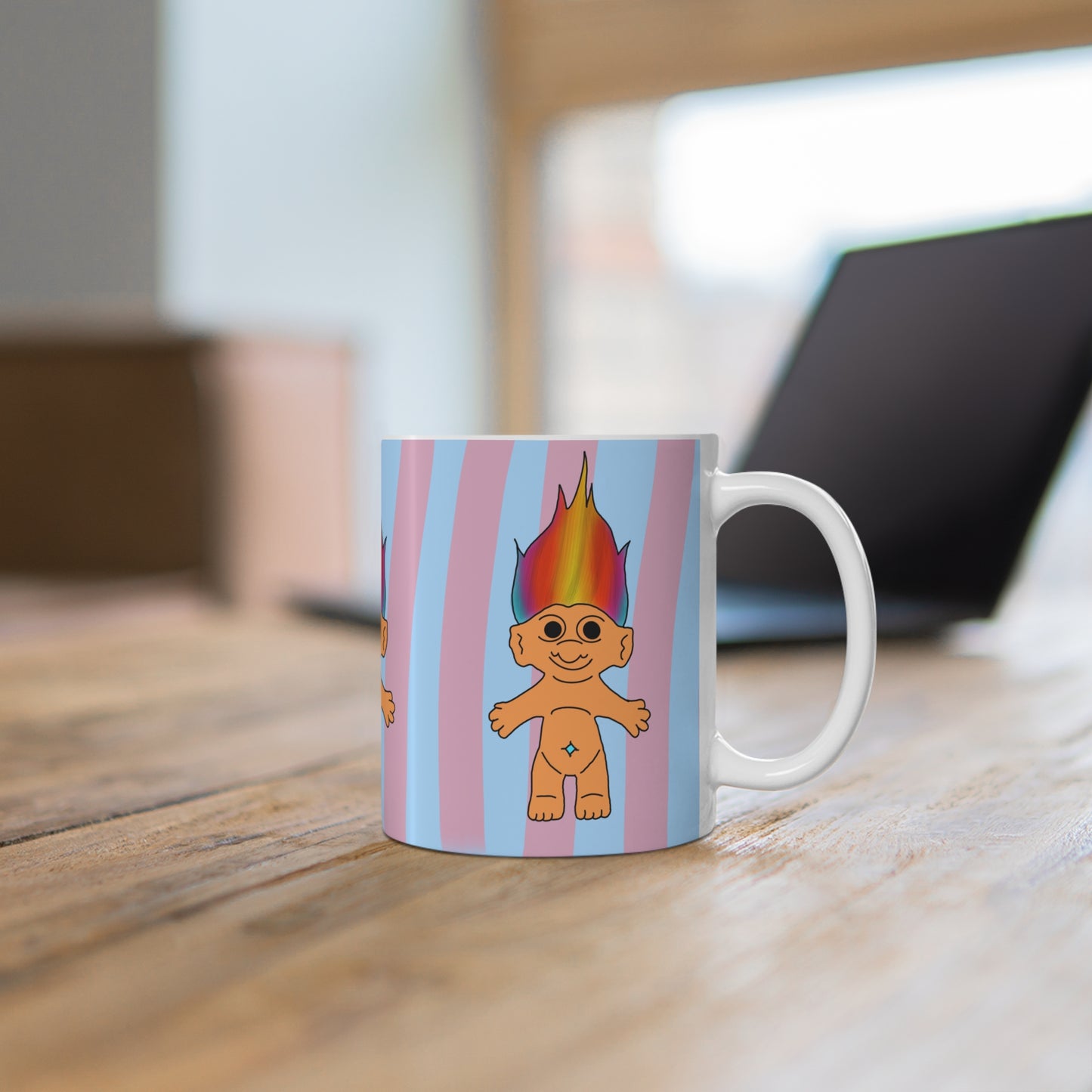 90s Rainbow Hair Troll Mug — Cute Retro Troll Doll Coffee Cup