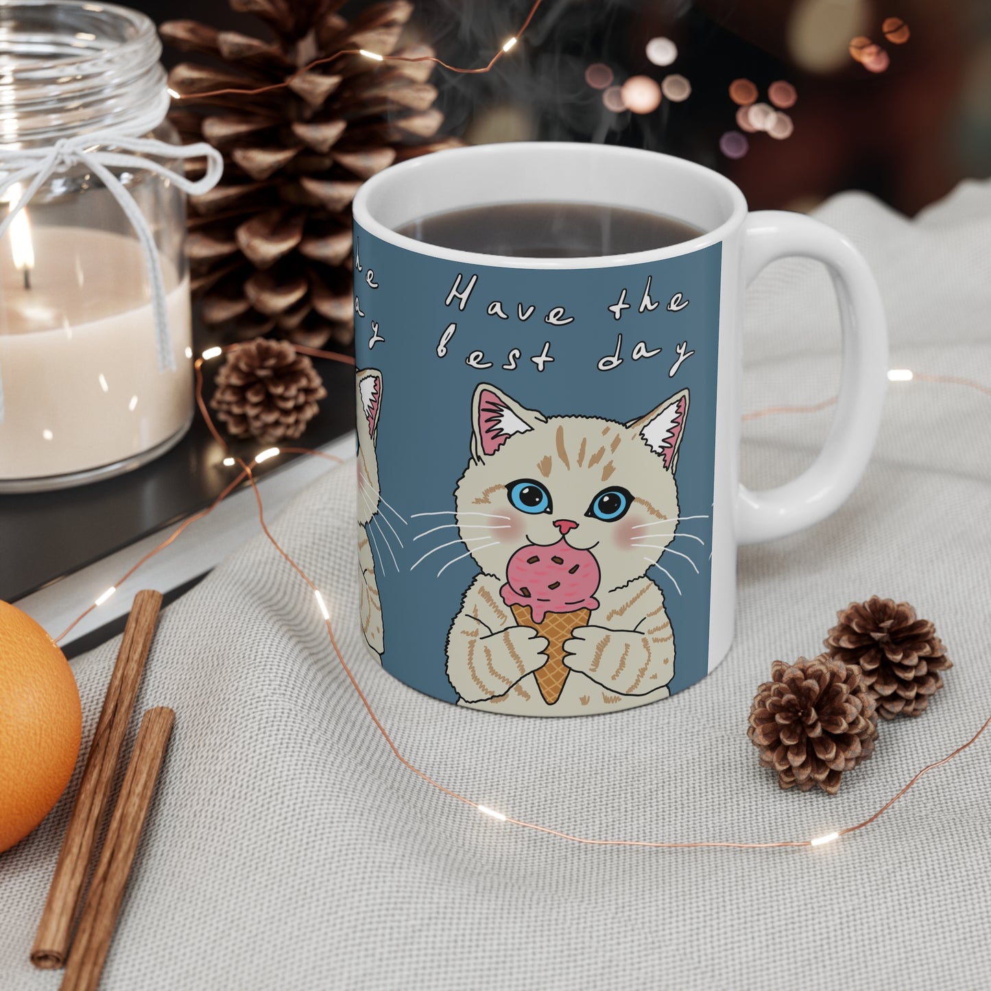 Cute Kitten Ice Cream Mug — “Have the Best Day” Ceramic Coffee Cup