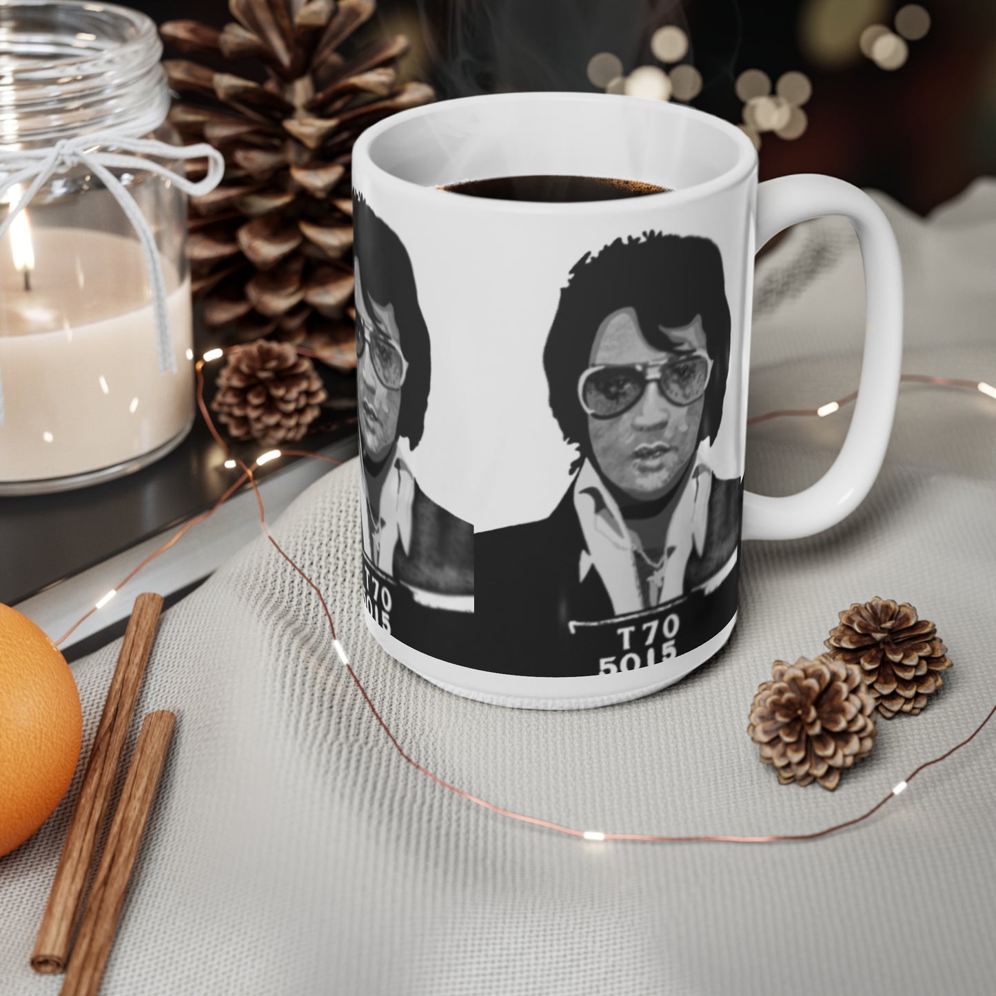 Elvis Mugshot Retro Black & White Mug — Vintage Rock Celebrity Portrait Ceramic Coffee Cup