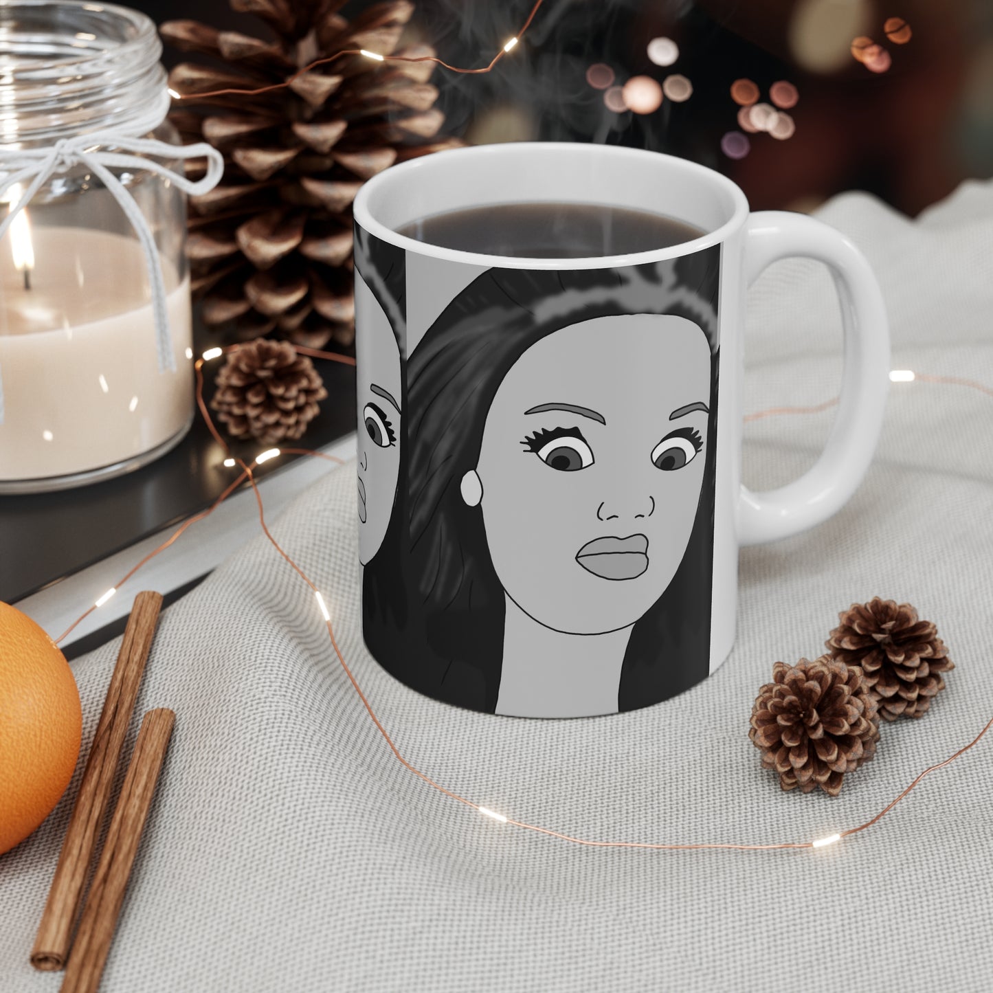 WTF face Ceramic Mug — Monochrome Pop Art Portrait Coffee Cup