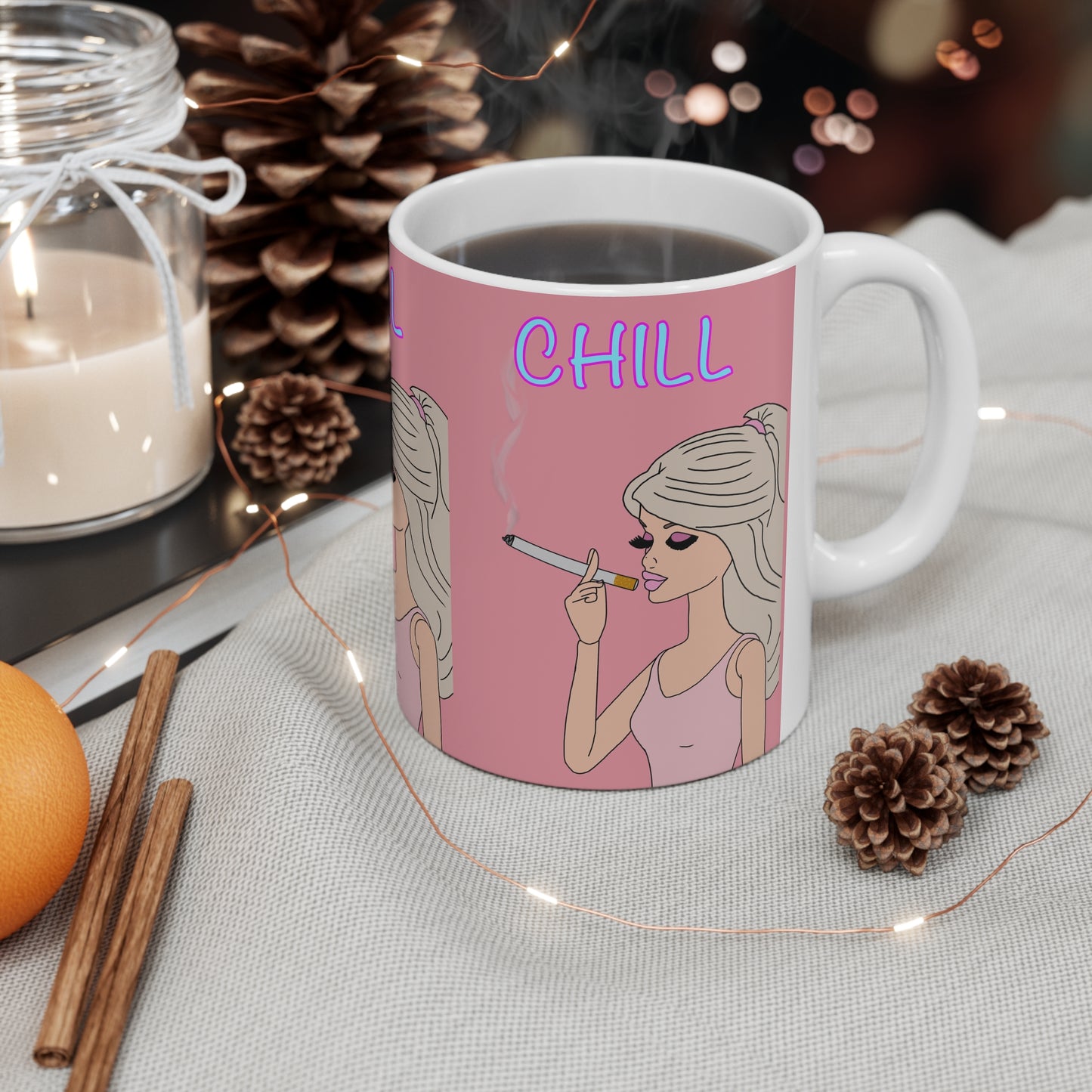 Chill Girl Ceramic Coffee Mug — Retro Pink Smoking Illustration
