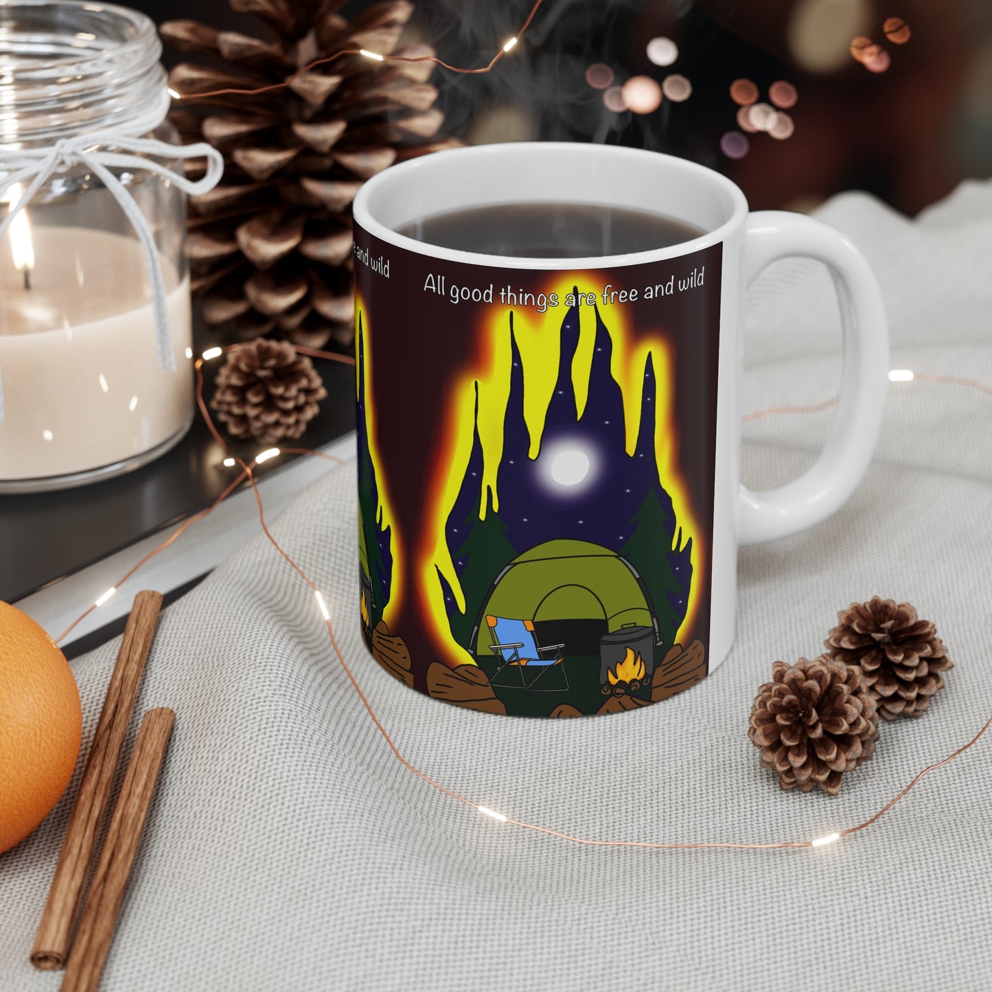 Camping Coffee Mug — 'All Good Things Are Wild and Free' Scenic Tent & Campfire Ceramic Mug (11oz, 15oz)
