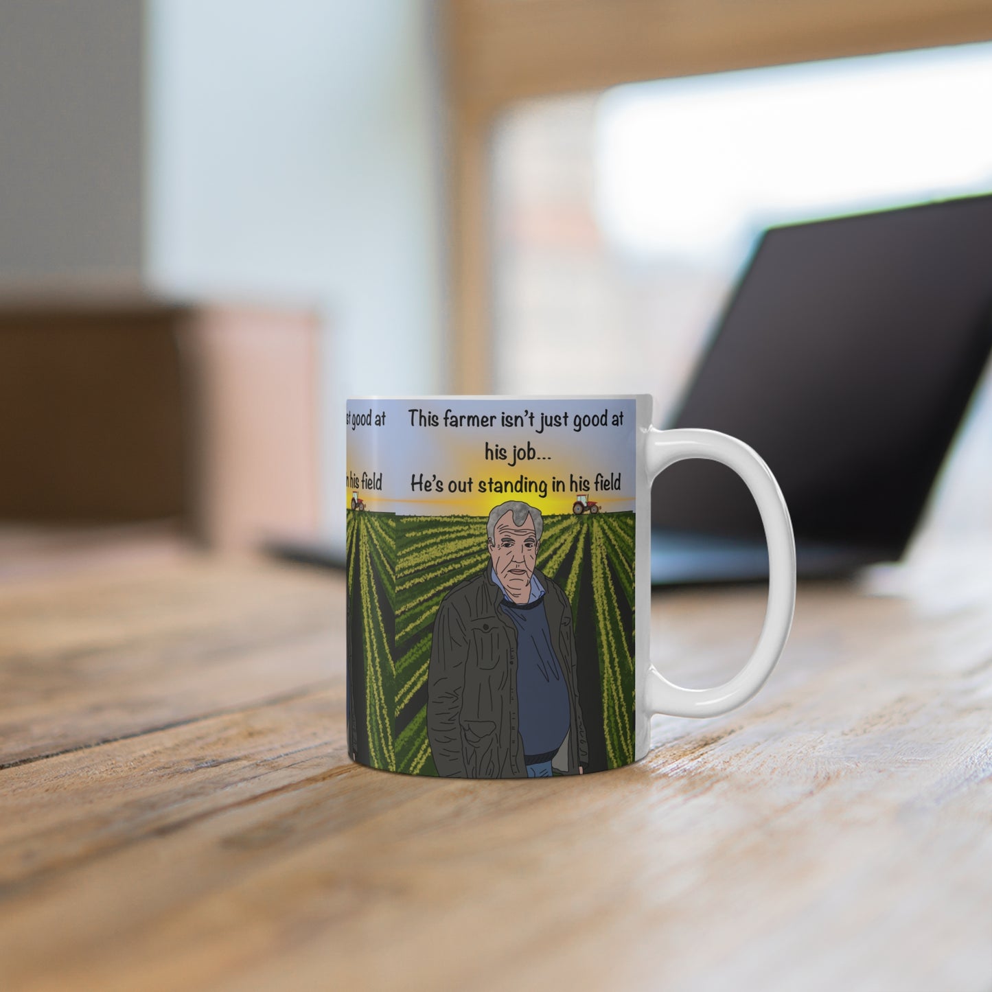 Jeremy Clarkeson Farmer Standing in His Field Ceramic Coffee Mug — "This farmer isn’t just good at his job... He’s out standing in his field"