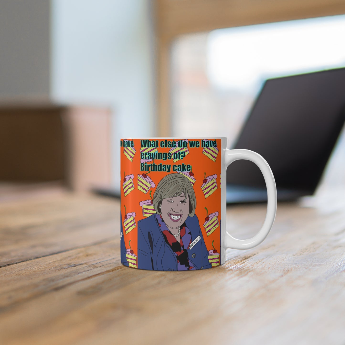 Marjorie Doors Birthday Cake Pattern Coffee Mug — Funny Retro Portrait Design