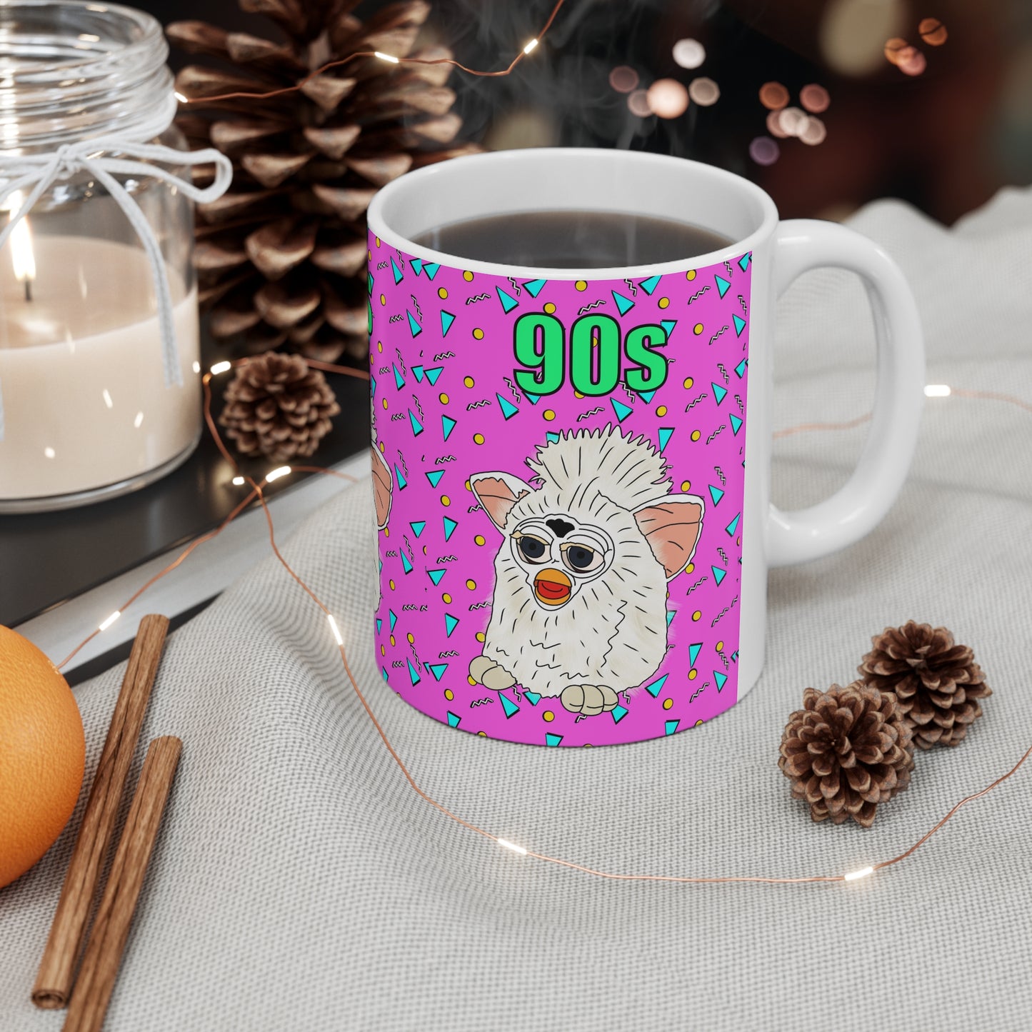 90s Retro Furby Ceramic Coffee Mug — Nostalgic Vaporwave Pattern,