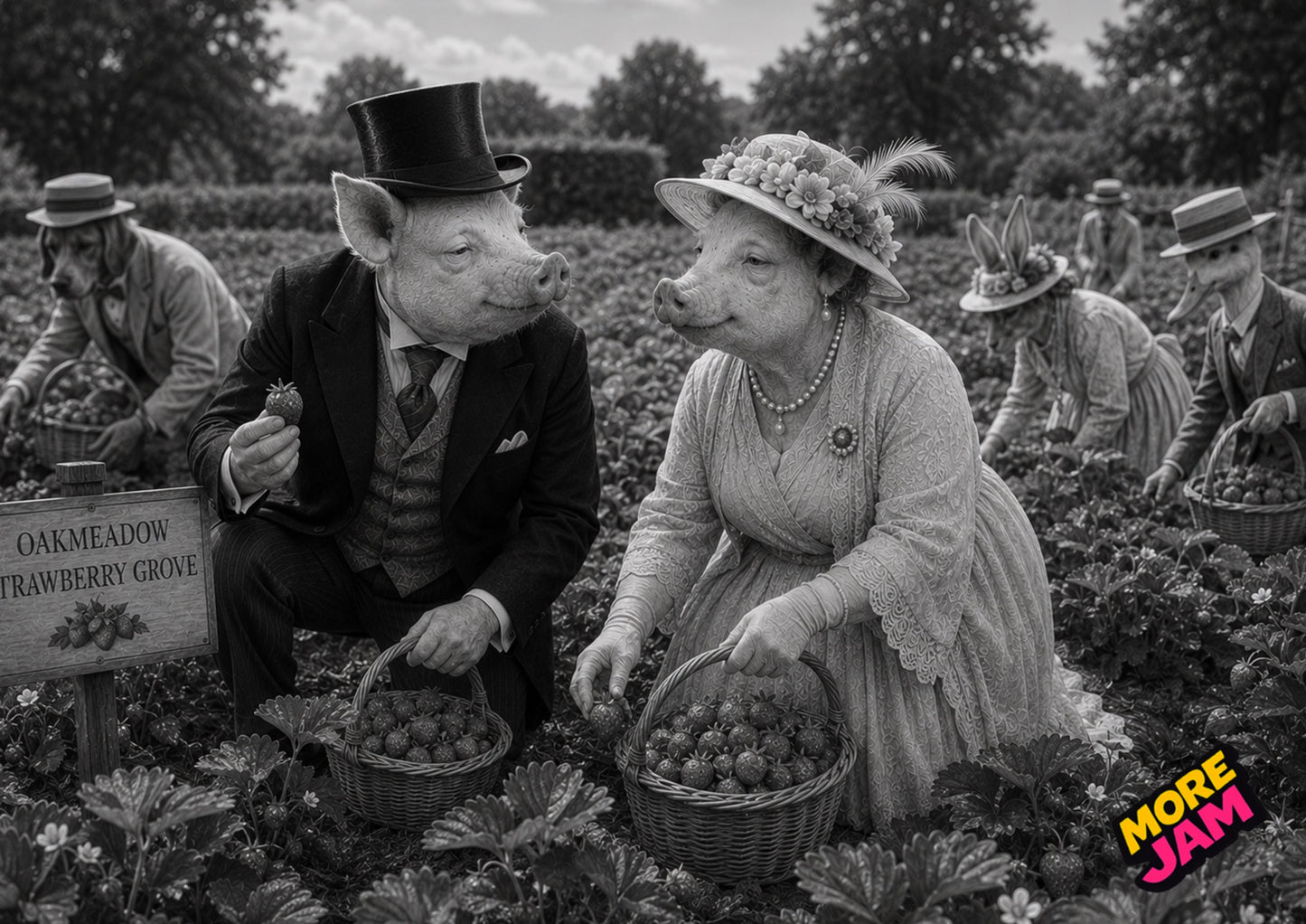 Sophisticated Pig Strawberry Picking Print UK | Unique A4 Wall Art | More Jam