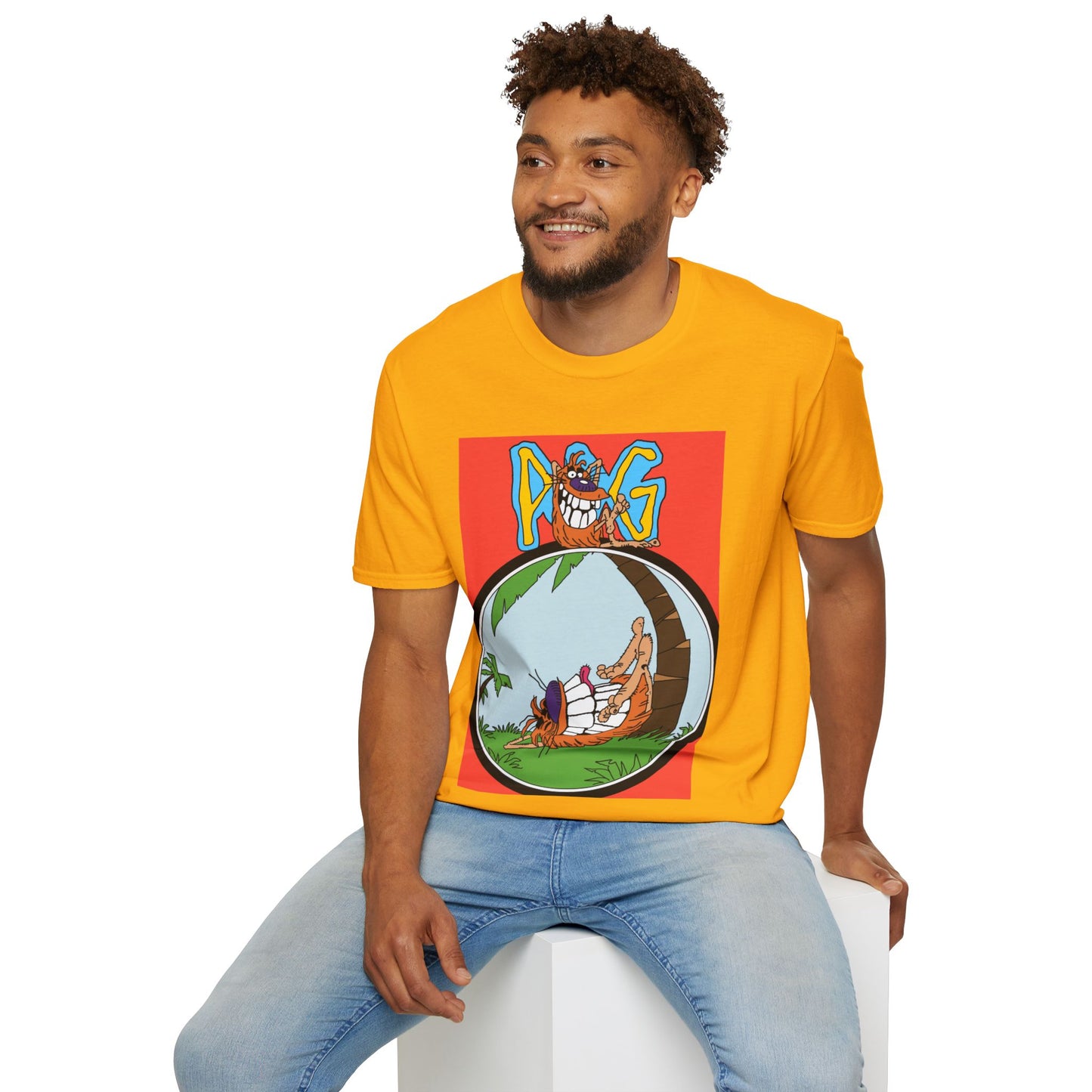 90s T-Shirt — "Pog" Graphic: Relaxing Pog in Hammock Tropical Tee