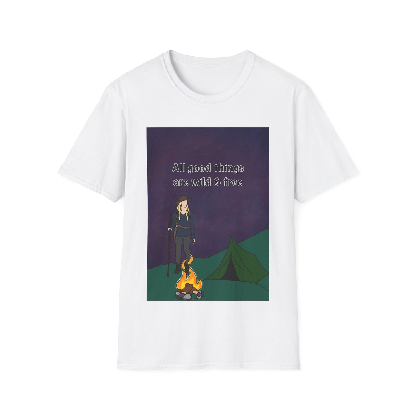 Camping Girl T‑Shirt – "All Good Things Are Wild & Free" Outdoor Tee