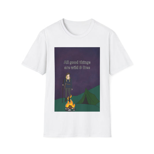 Camping Girl T‑Shirt – "All Good Things Are Wild & Free" Outdoor Tee