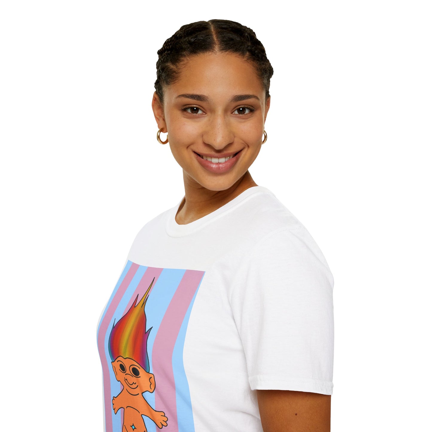 90s Retro Rainbow Troll T-Shirt — Colorful Flaming Hair Cartoon Tee