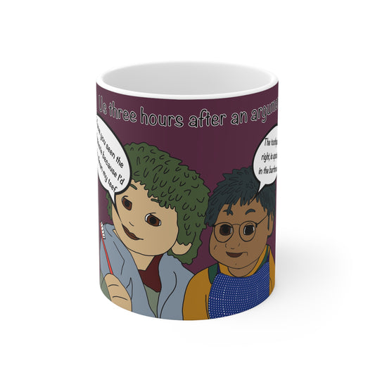 Ceramic Mug — Funny Cartoon ‘Us Three Hours After An Argument’ Coffee Cup