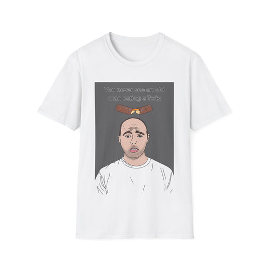 Funny Karl Pilkington T-Shirt – 'Old man eating a twix' Graphic Tee
