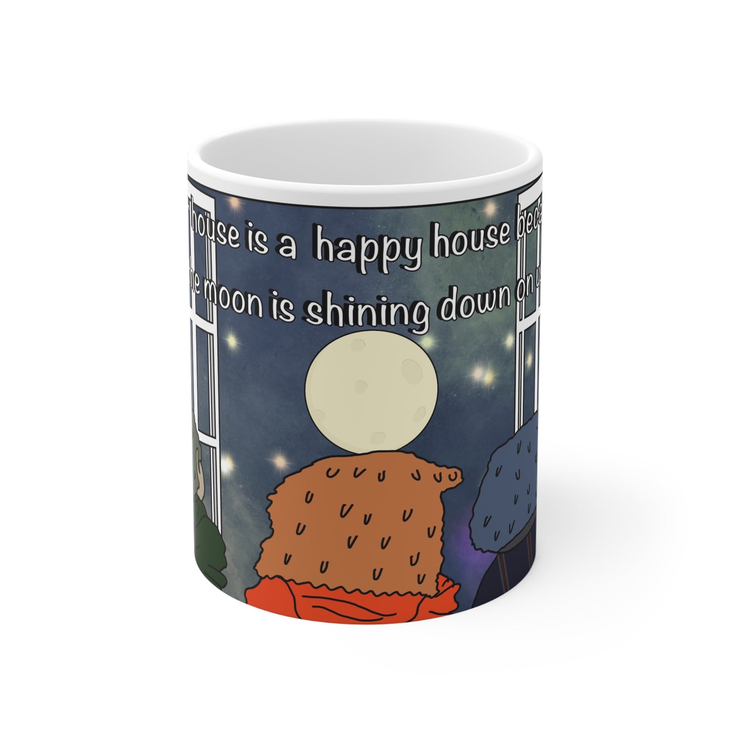 11oz Mug — 'Our House is a Happy House' Cozy Night Moon Illustration