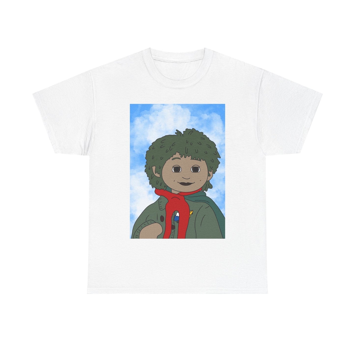 Cute Cartoon Tiny Graphic Tee — Red Scarf Sky Background