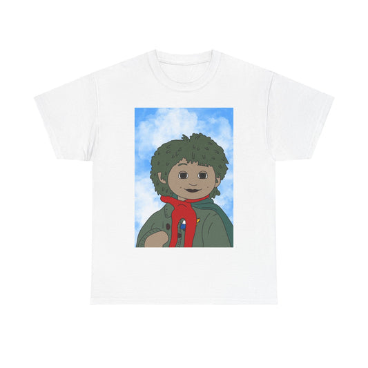 Cute Cartoon Tiny Graphic Tee — Red Scarf Sky Background