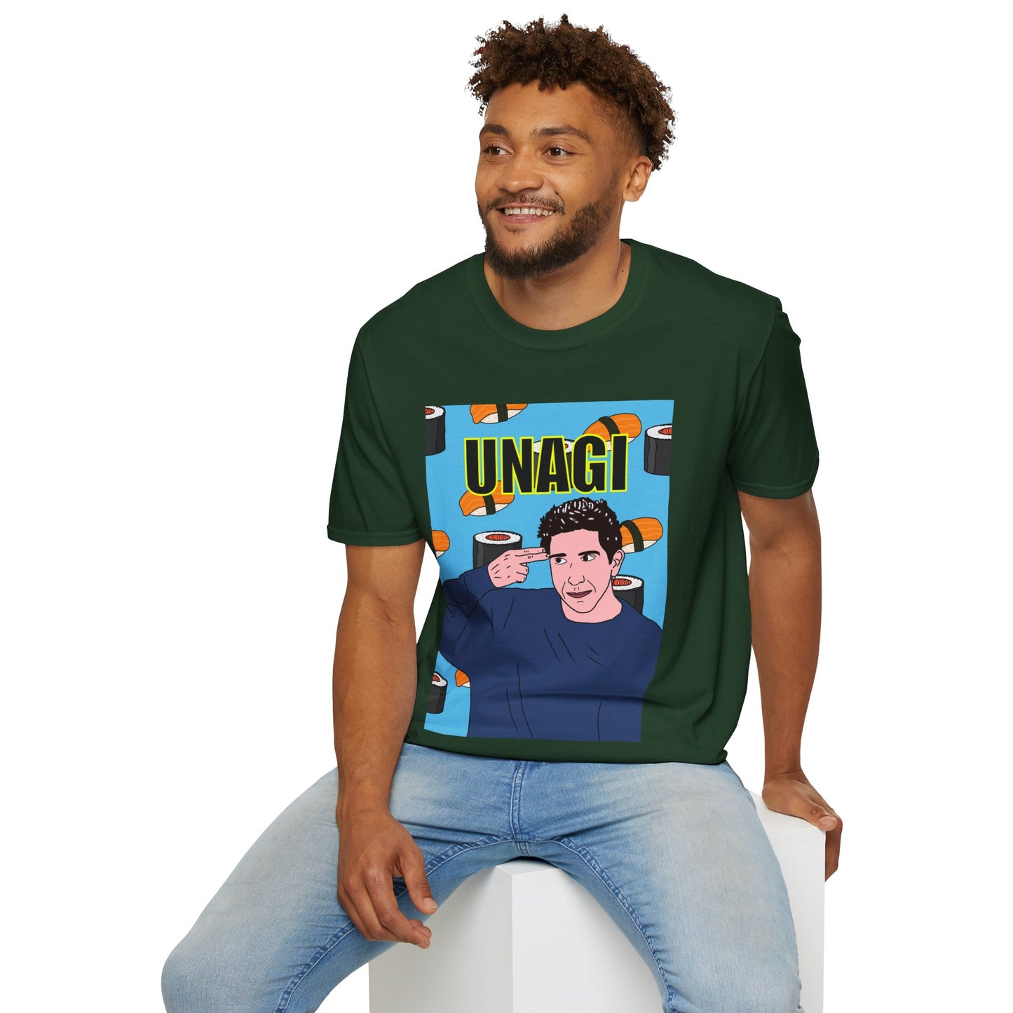 Ross Geller Friends Unagi Graphic T-Shirt — Pop Art Sushi Tee ("UNAGI")