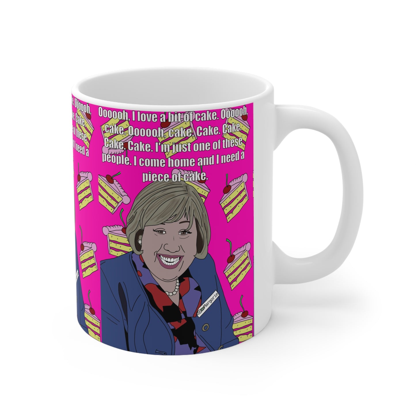 Marjorie Doors Cake Quote Mug — 'I Love a Bit of Cake' Ceramic Coffee Cup
