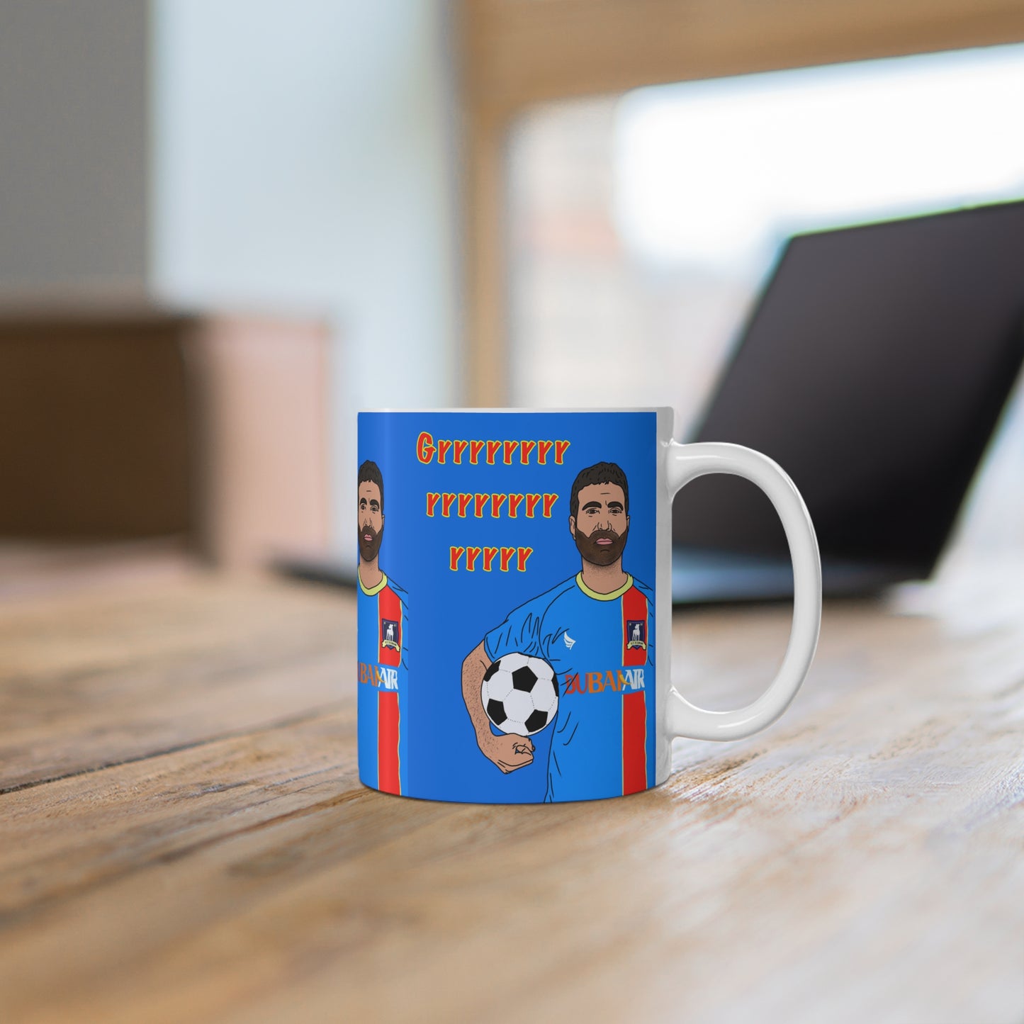 Ted Lasso Soccer Fan Mug — IllustratedRoy Kent with Ball, 'Grrrrrrrr' Graphic Coffee Cup