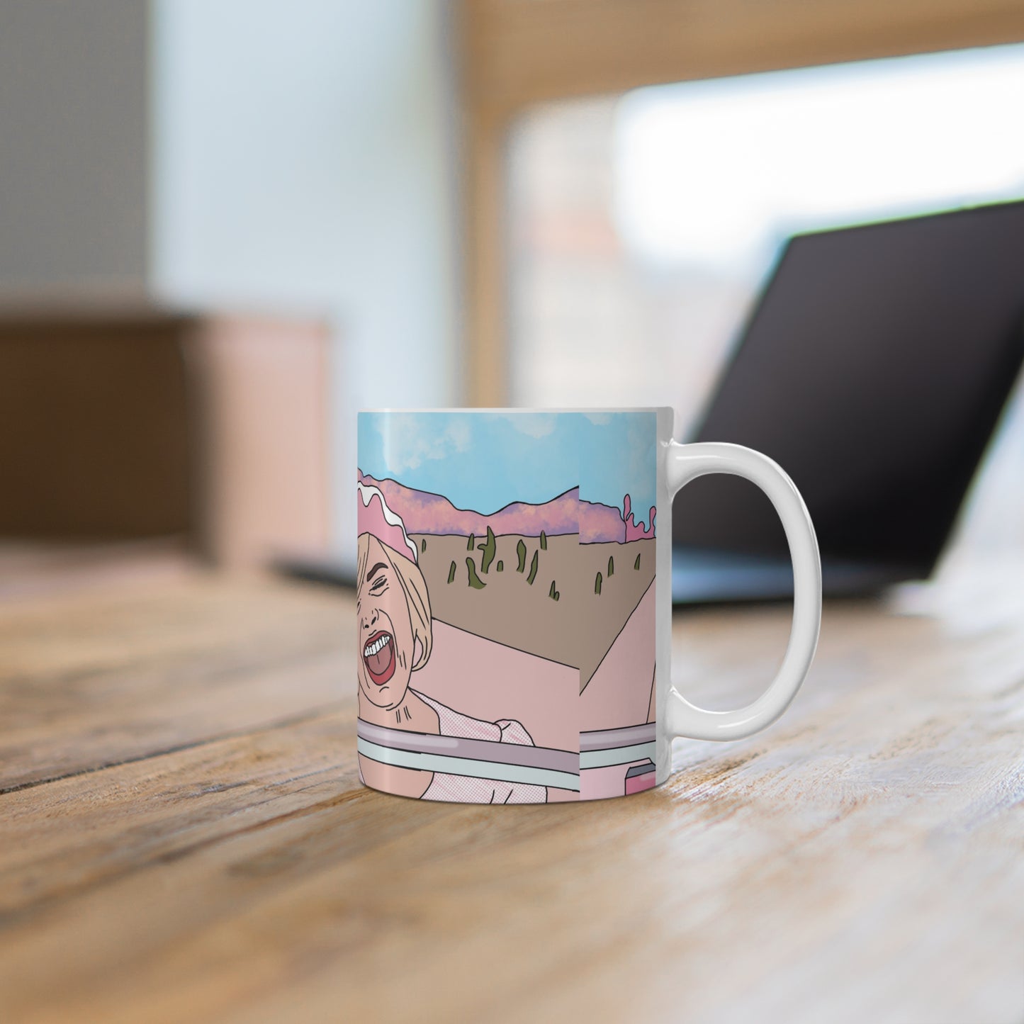 Margot Robbie Ceramic Mug — Retro Pink Road Trip Illustration