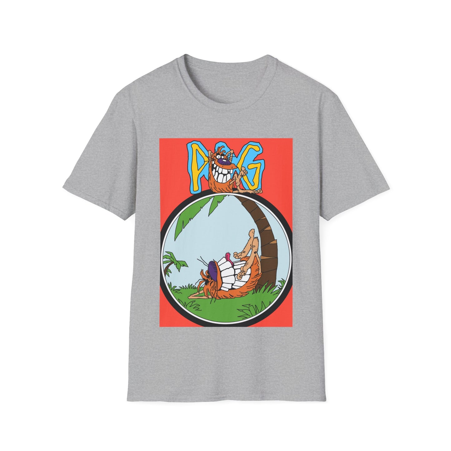 90s T-Shirt — "Pog" Graphic: Relaxing Pog in Hammock Tropical Tee