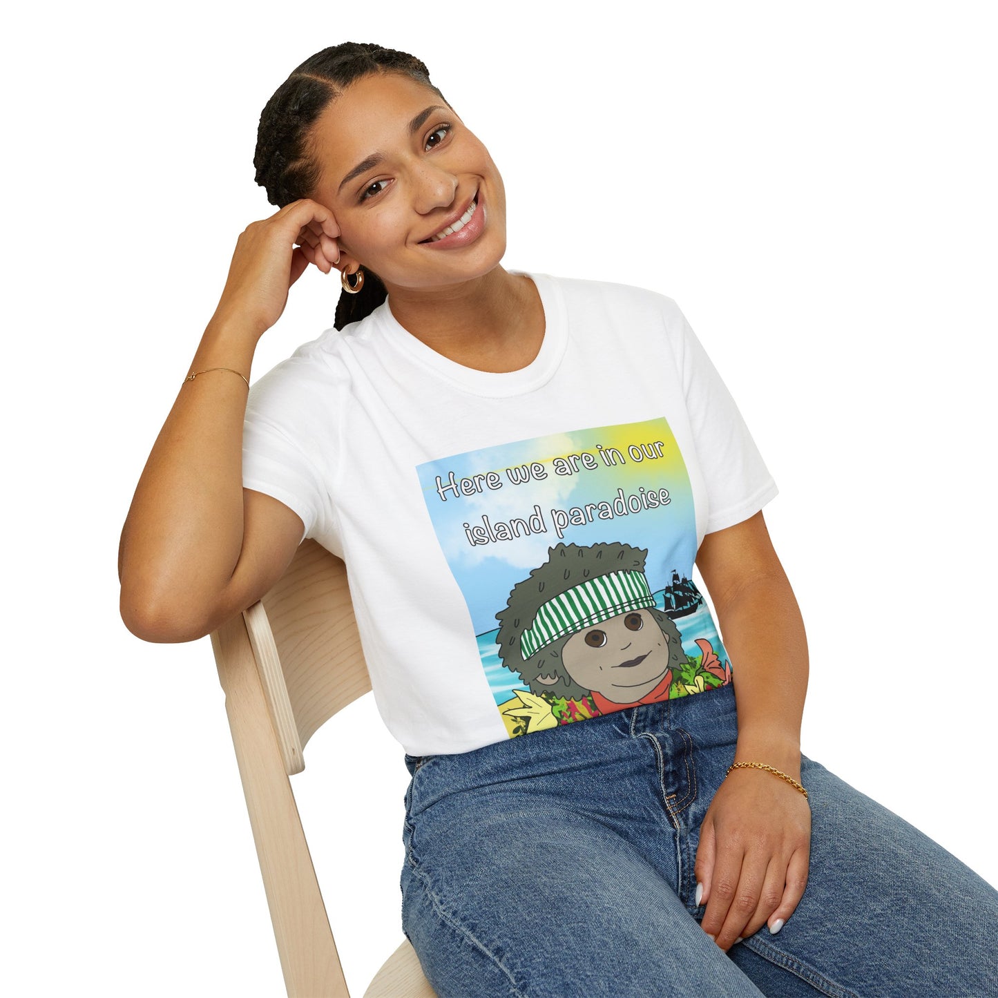 Island Paradise Graphic T-Shirt — "Here we are in our island paradise" Cute Tropical Bear Tee