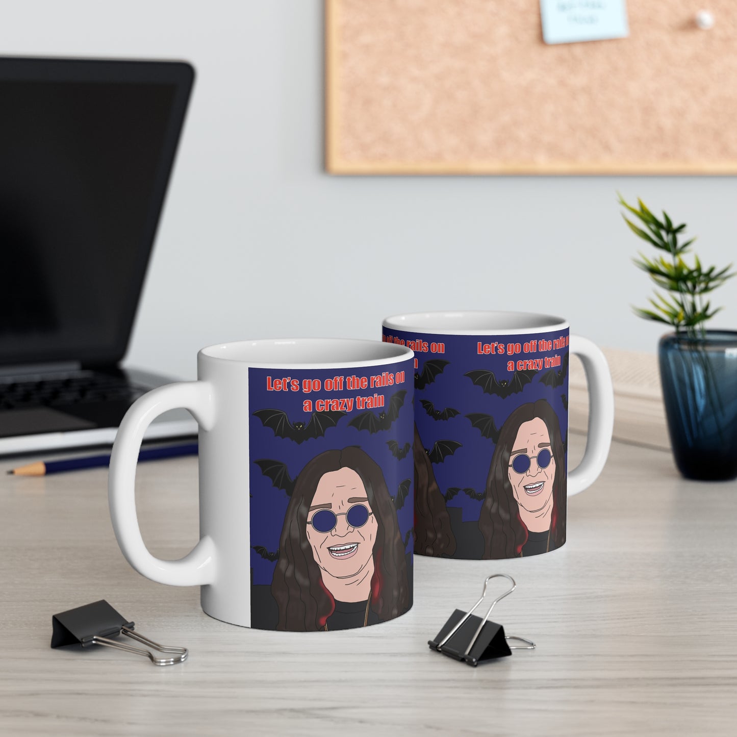 Ozzy Osbourne Cartoon Mug — "Let's Go Off the Rails on a Crazy Train" Ceramic Coffee Cup