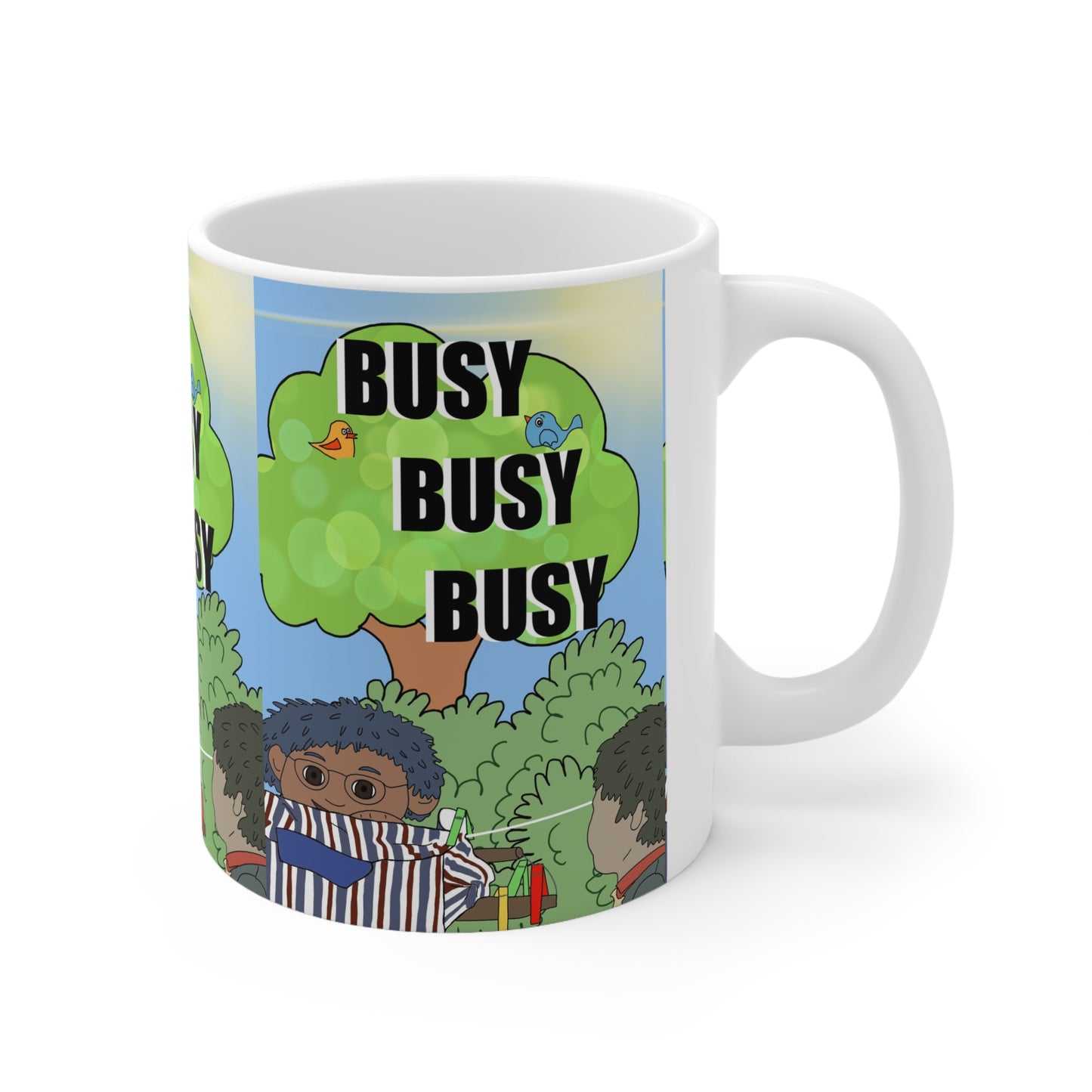 Busy Busy Busy Coffee Mug — Funny Cartoon Morning Coffee Cup (11oz, 15oz)