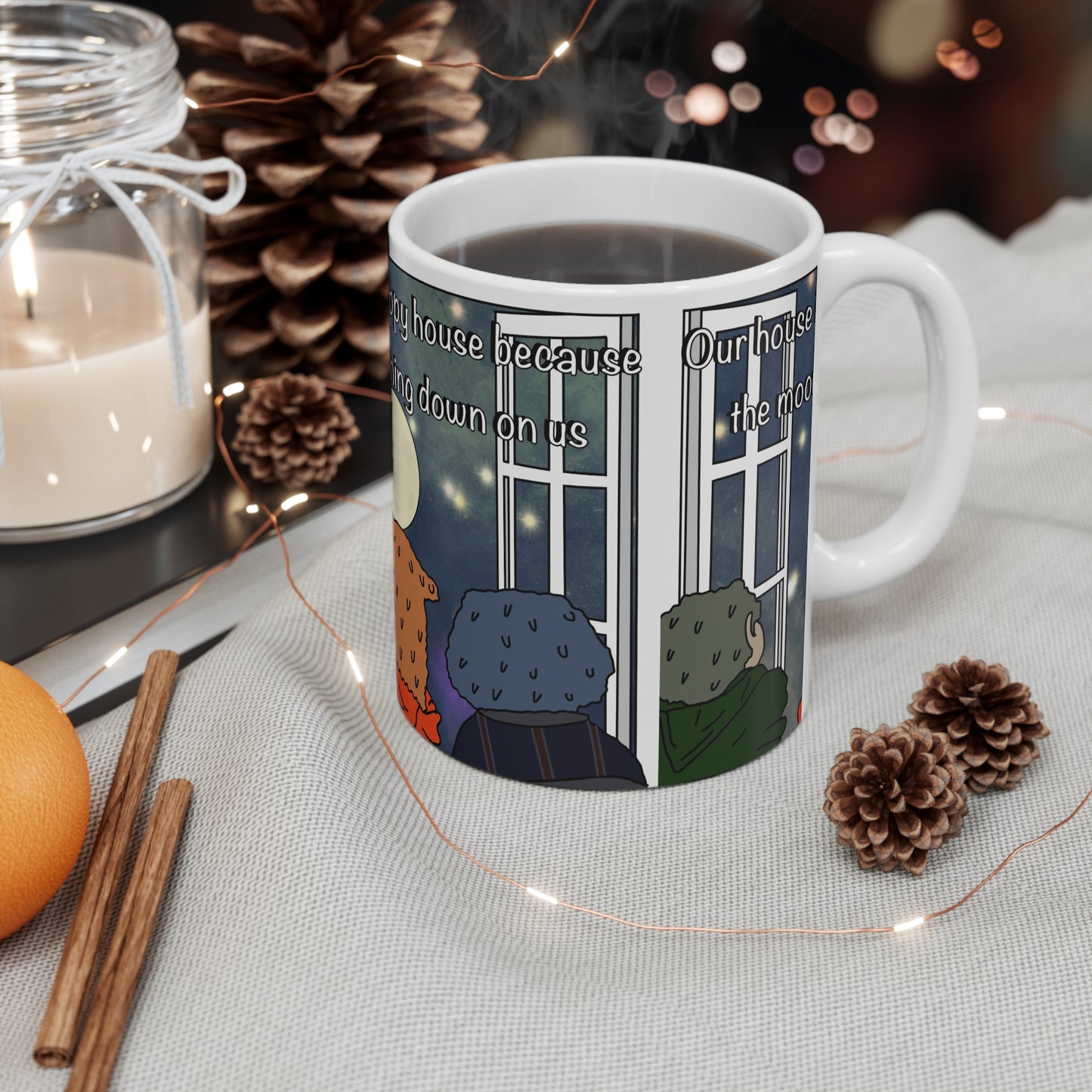 11oz Mug — 'Our House is a Happy House' Cozy Night Moon Illustration