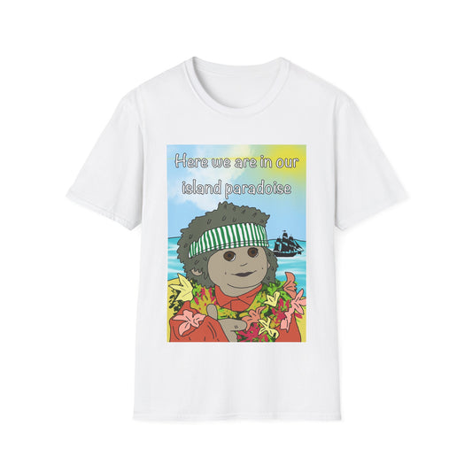 Island Paradise Graphic T-Shirt — "Here we are in our island paradise" Cute Tropical Bear Tee