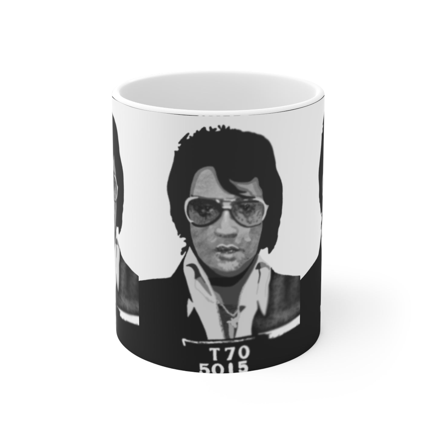 Elvis Mugshot Retro Black & White Mug — Vintage Rock Celebrity Portrait Ceramic Coffee Cup