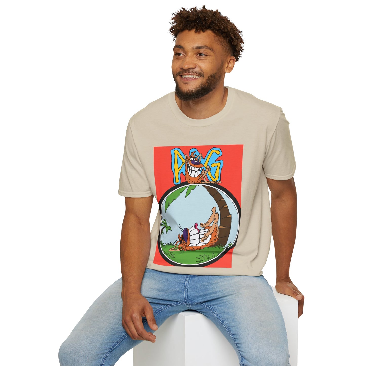 90s T-Shirt — "Pog" Graphic: Relaxing Pog in Hammock Tropical Tee