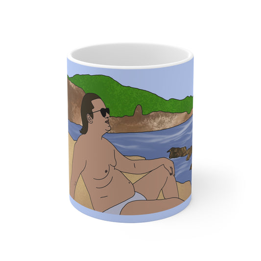 Lewis Capaldi beach Relaxation Ceramic Coffee Mug — Retro Sunbather Illustration (11oz/15oz)