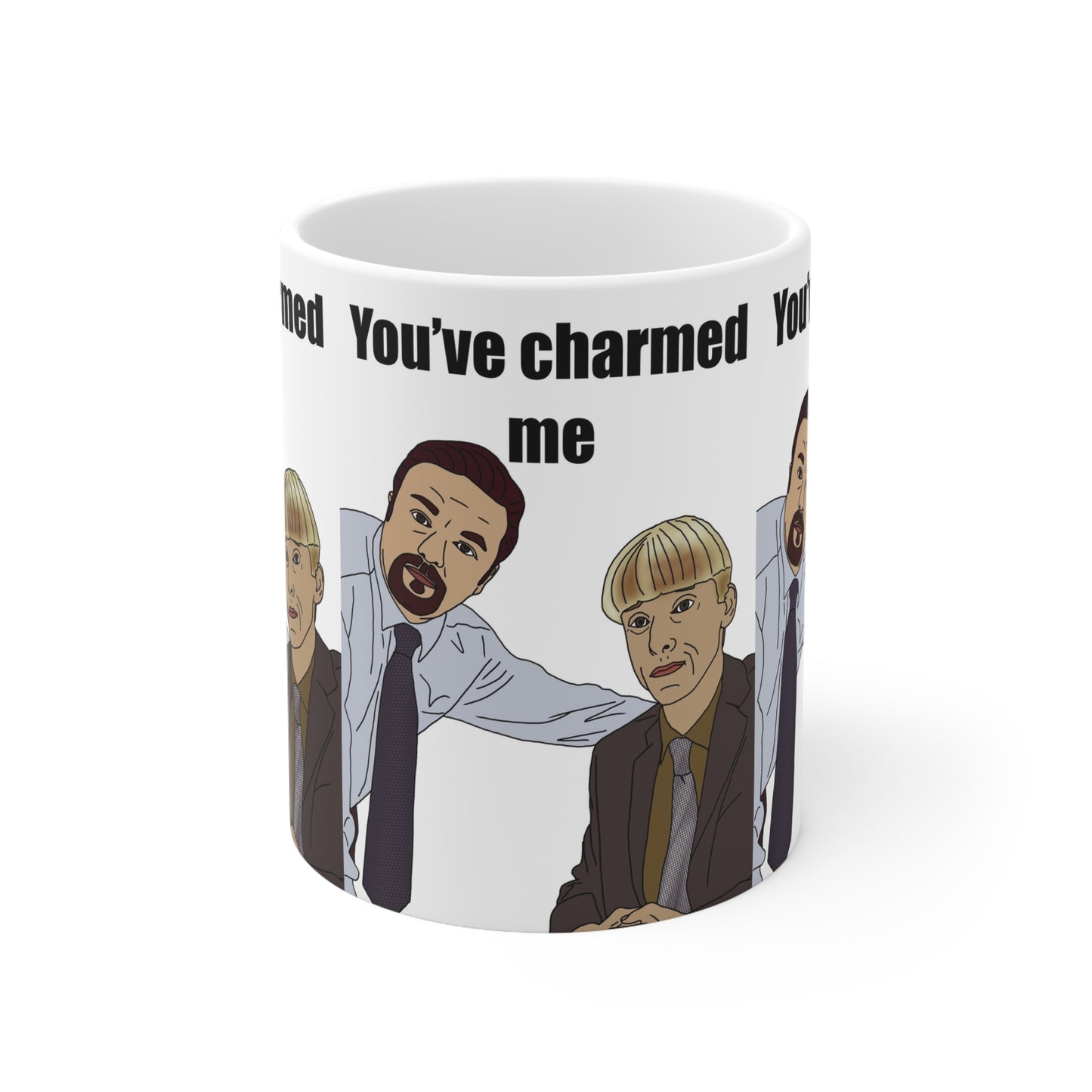 Gareth Keenan & David Brent You’ve Charmed Me Mug — Funny The Office Coffee Cup with Cartoon Colleagues