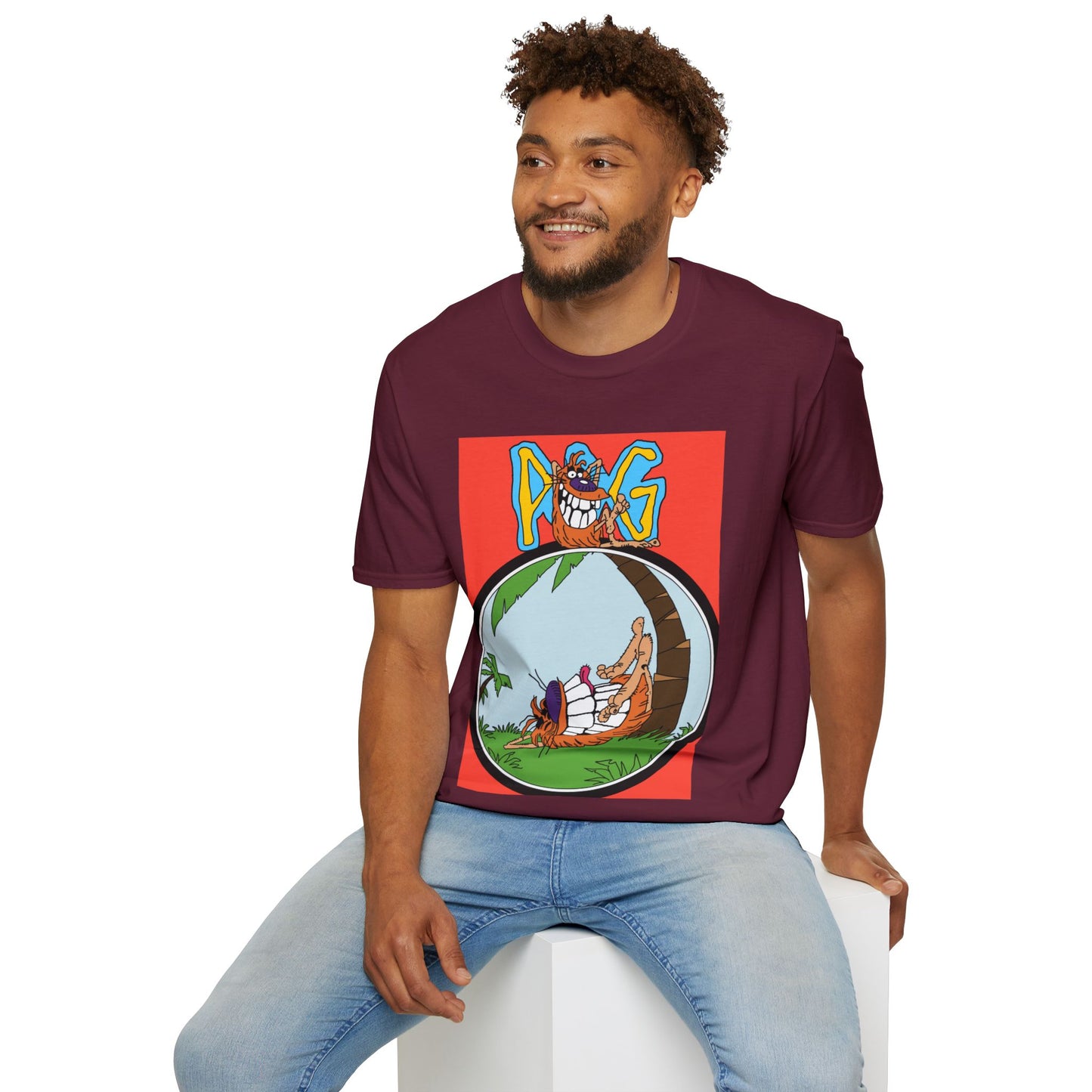 90s T-Shirt — "Pog" Graphic: Relaxing Pog in Hammock Tropical Tee