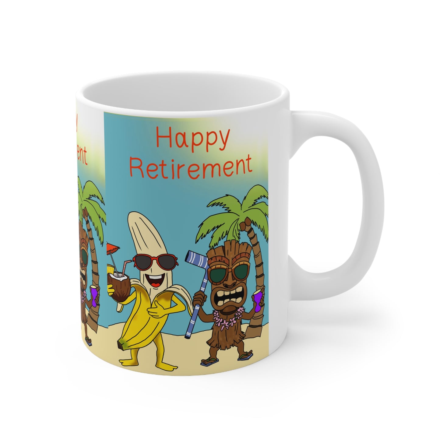 Retirement Beach Party Mug — "Happy Retirement" Tropical Tiki & Banana Coffee Cup (11oz, 15oz)