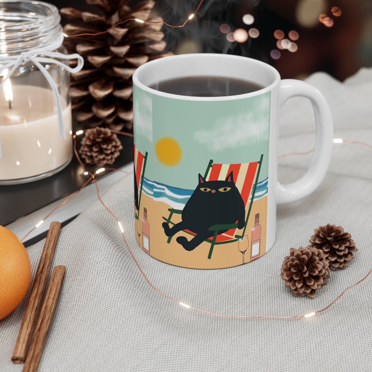 Cat Beach Mug — Black Cat Lounging on Deck Chair Coffee Cup (11oz & 15oz)