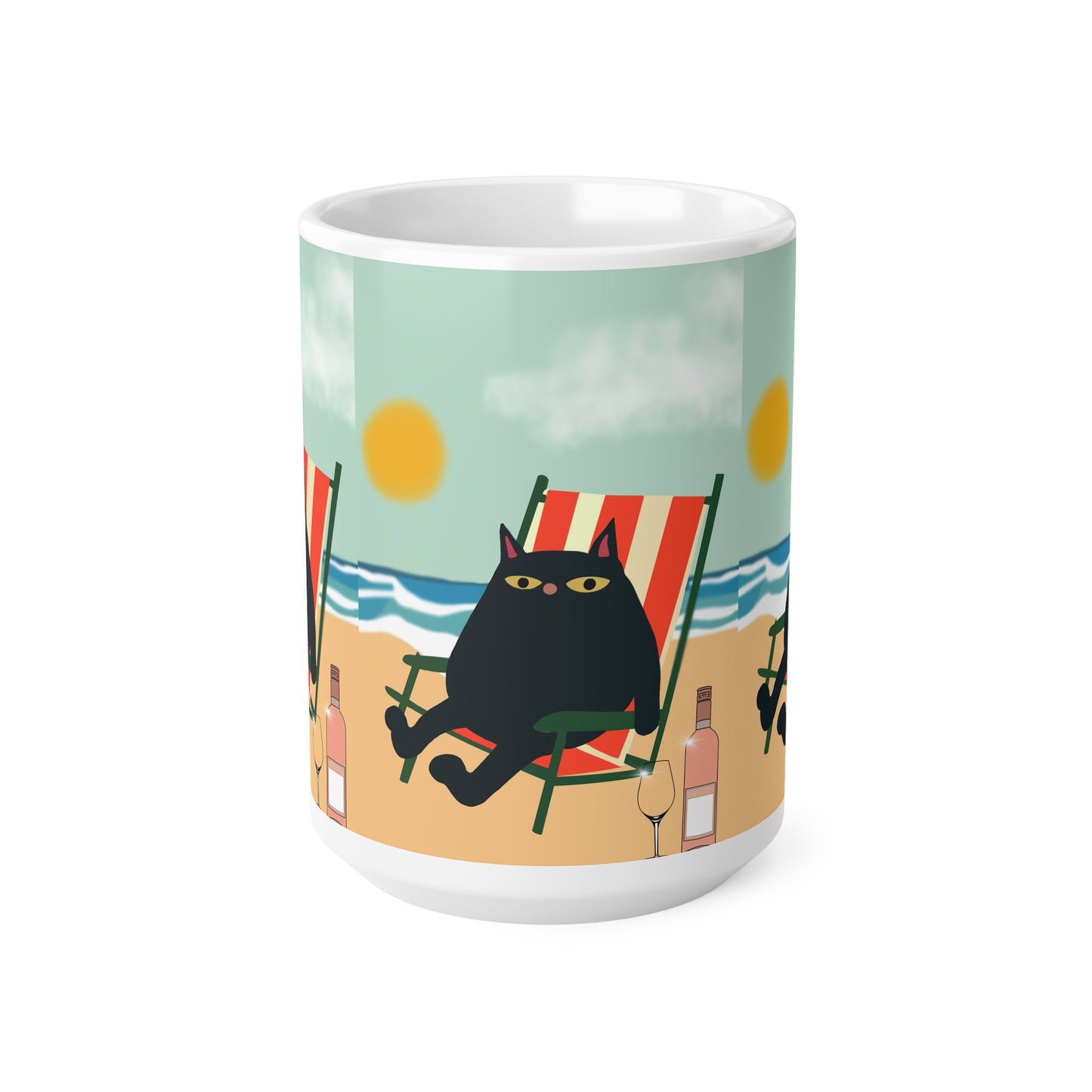 Cat Beach Mug — Black Cat Lounging on Deck Chair Coffee Cup (11oz & 15oz)