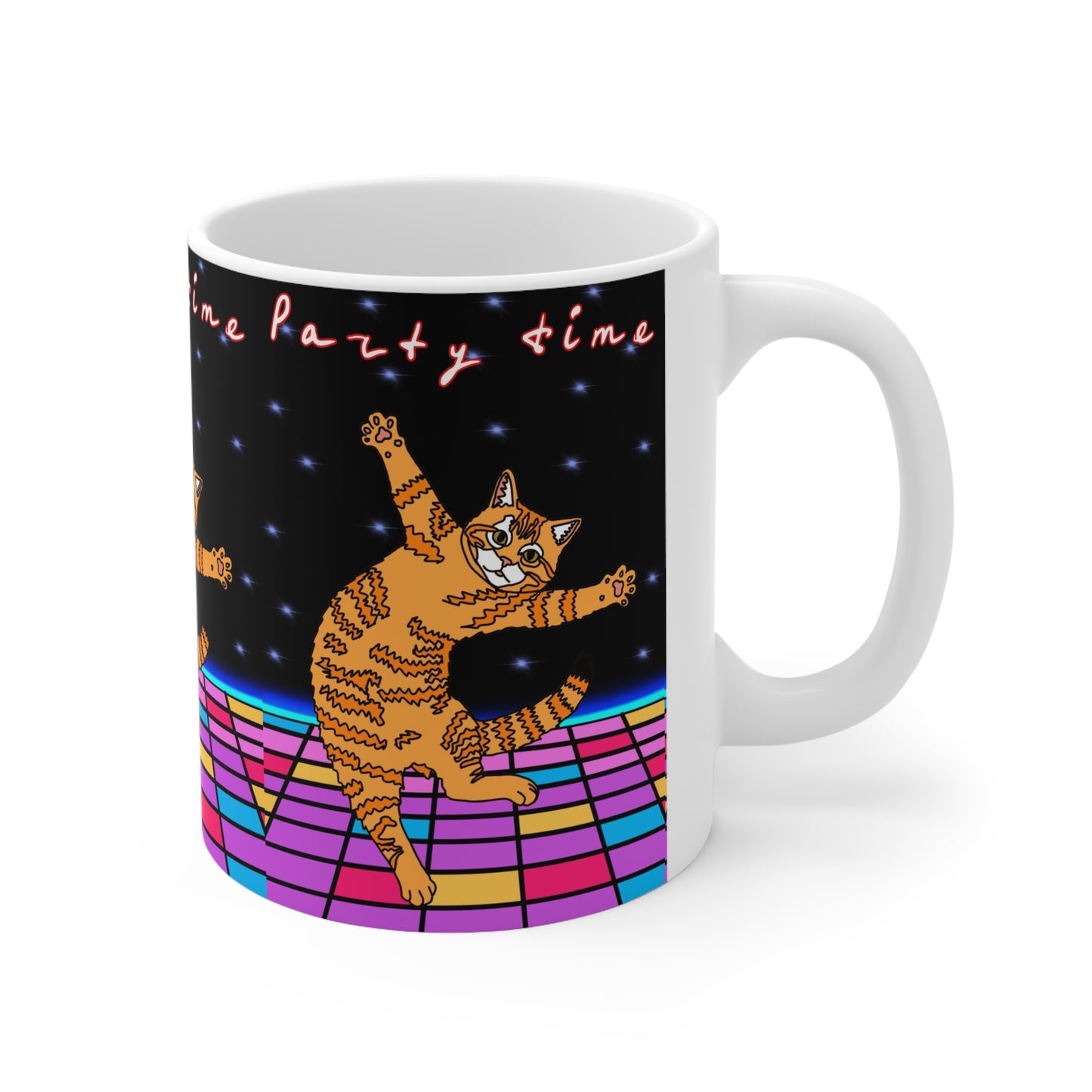 Dancing Cat Coffee Mug — Retro Disco 'Party Time' Ceramic Cup