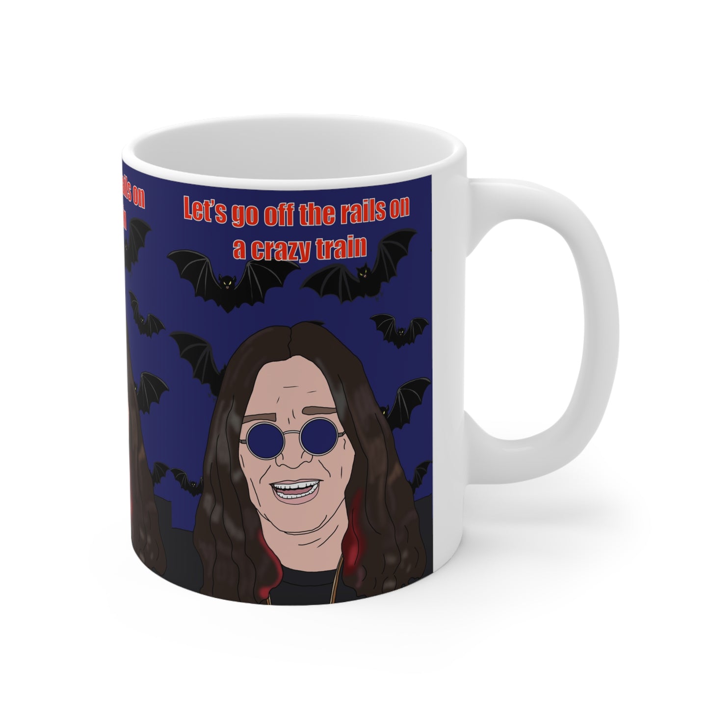 Ozzy Osbourne Cartoon Mug — "Let's Go Off the Rails on a Crazy Train" Ceramic Coffee Cup