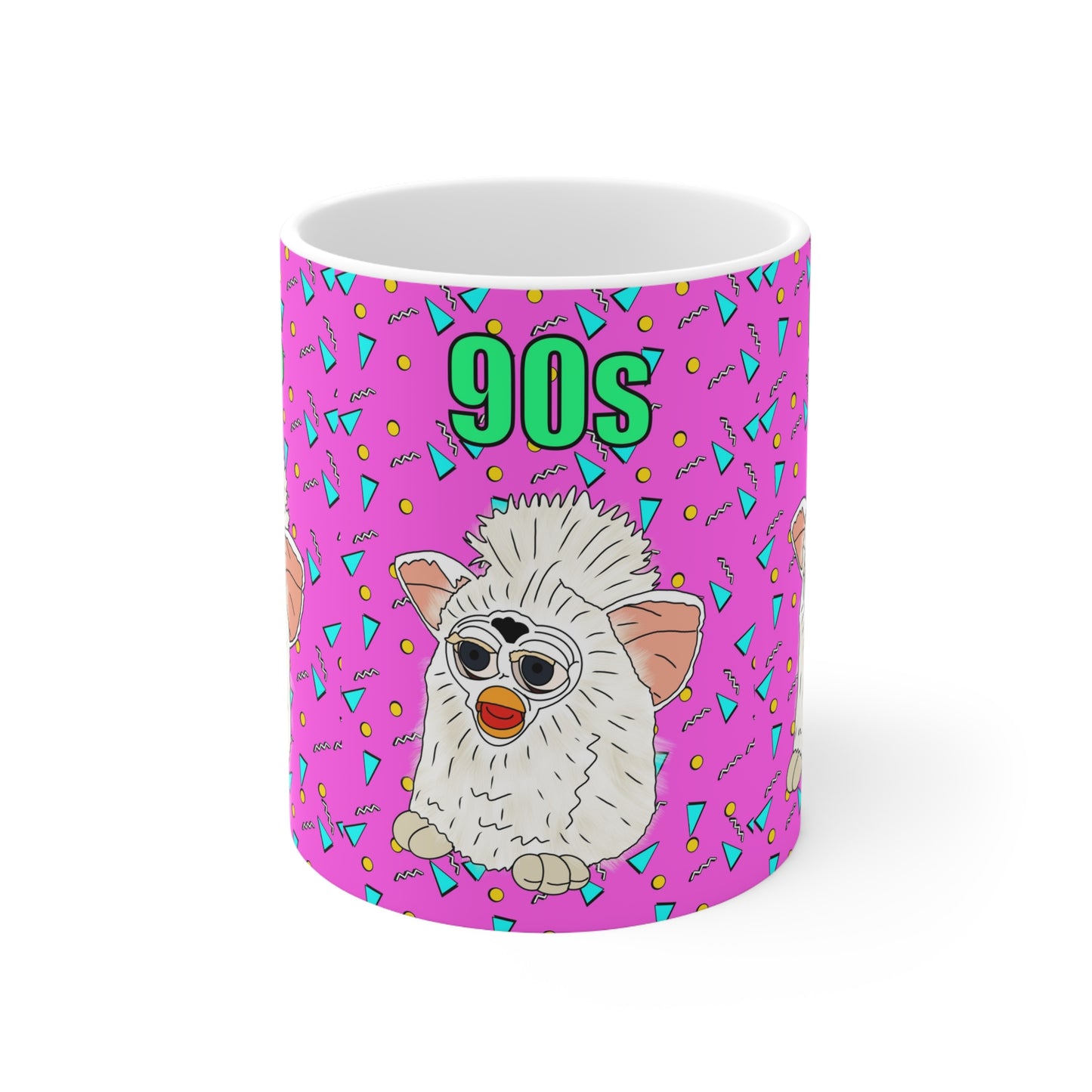 90s Retro Furby Ceramic Coffee Mug — Nostalgic Vaporwave Pattern,