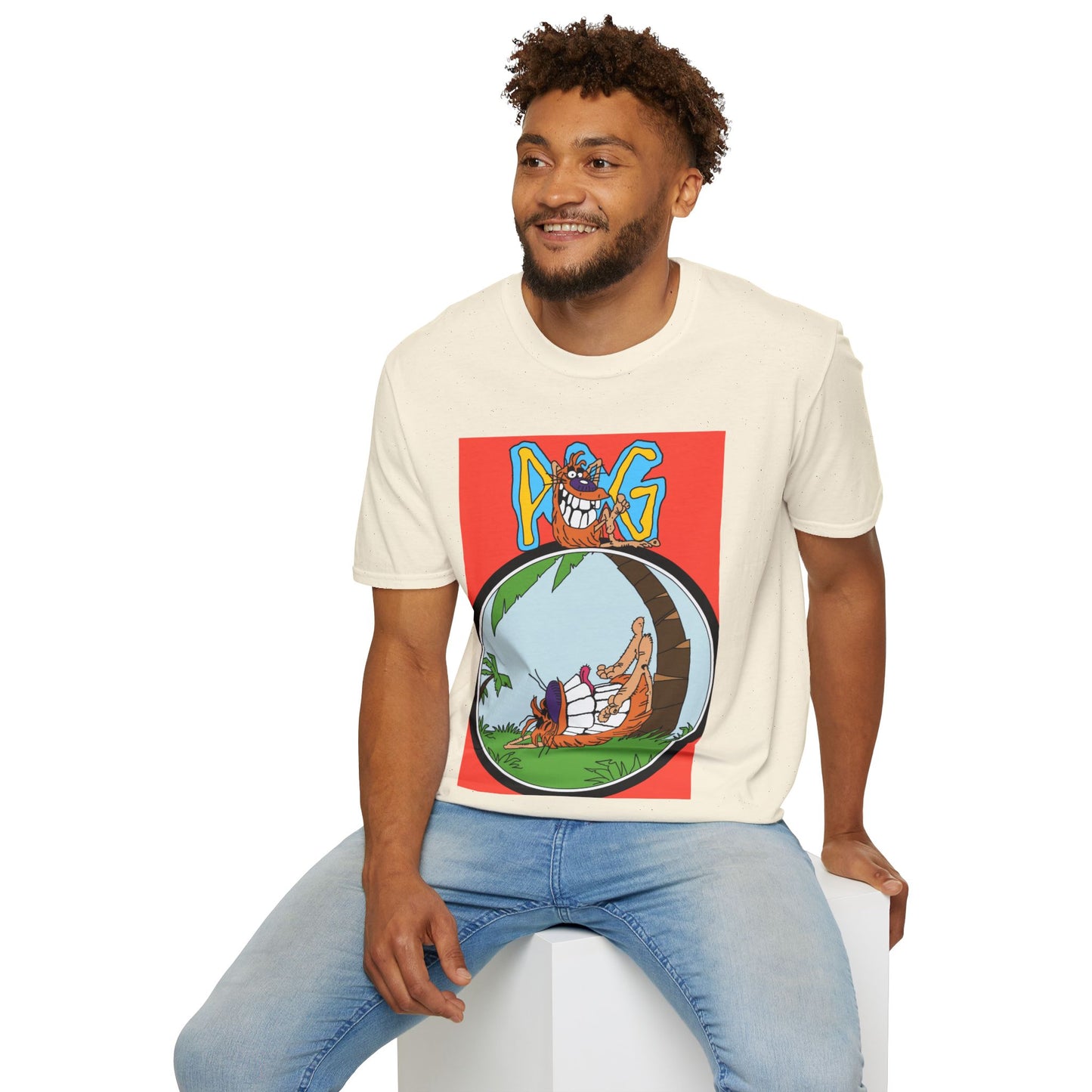 90s T-Shirt — "Pog" Graphic: Relaxing Pog in Hammock Tropical Tee