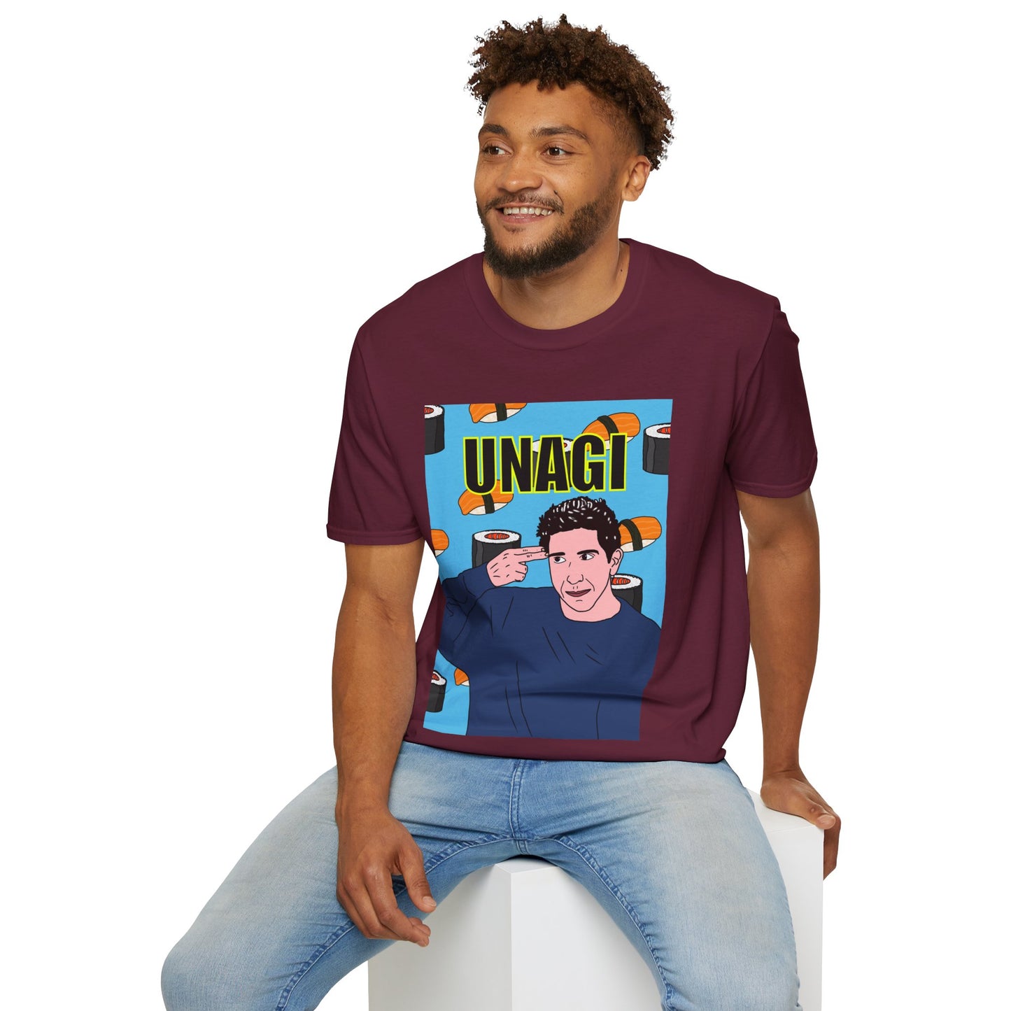 Ross Geller Friends Unagi Graphic T-Shirt — Pop Art Sushi Tee ("UNAGI")