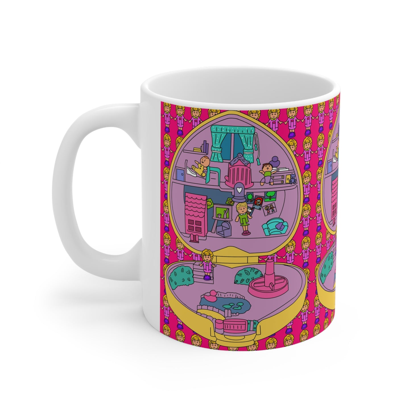 90s Polly Pocket Heart-Shaped Dollhouse Pattern Ceramic Coffee Mug — Colorful