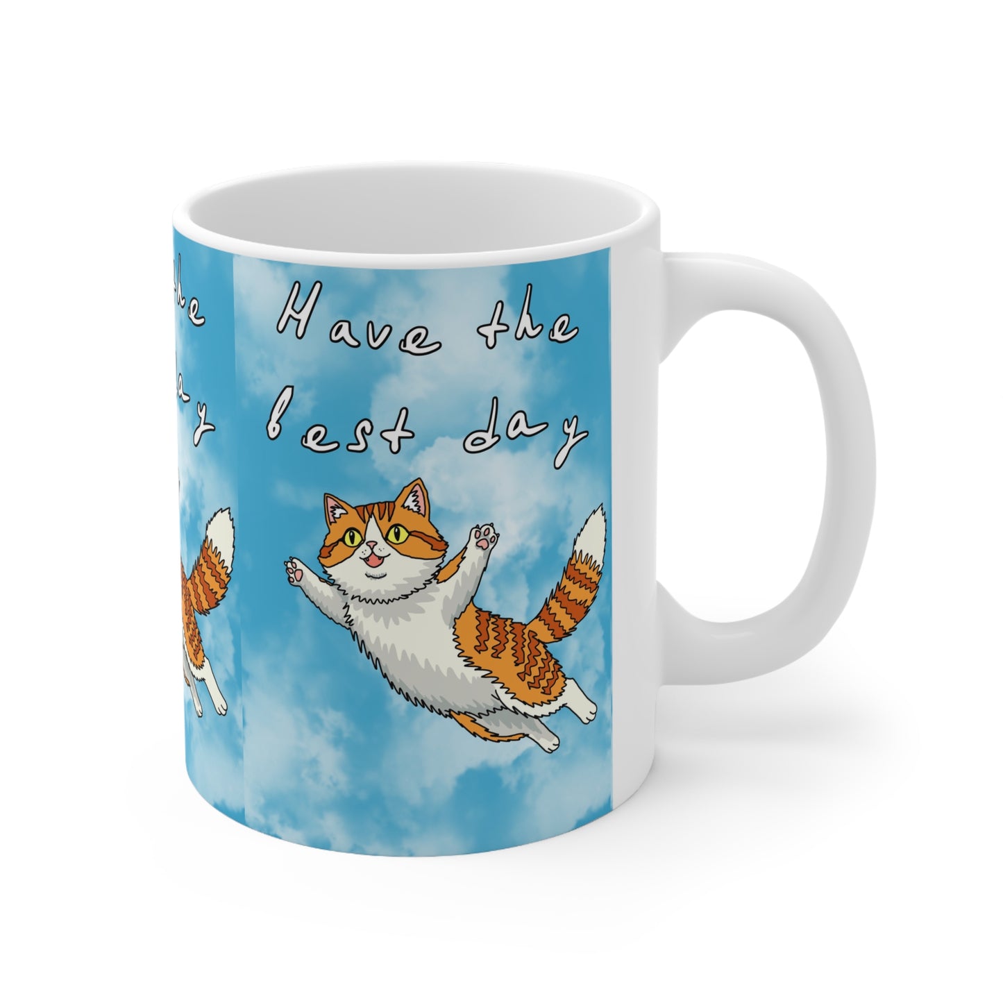 Have the Best Day Flying Cat Coffee Mug — Cute Sky Blue Ceramic Cup
